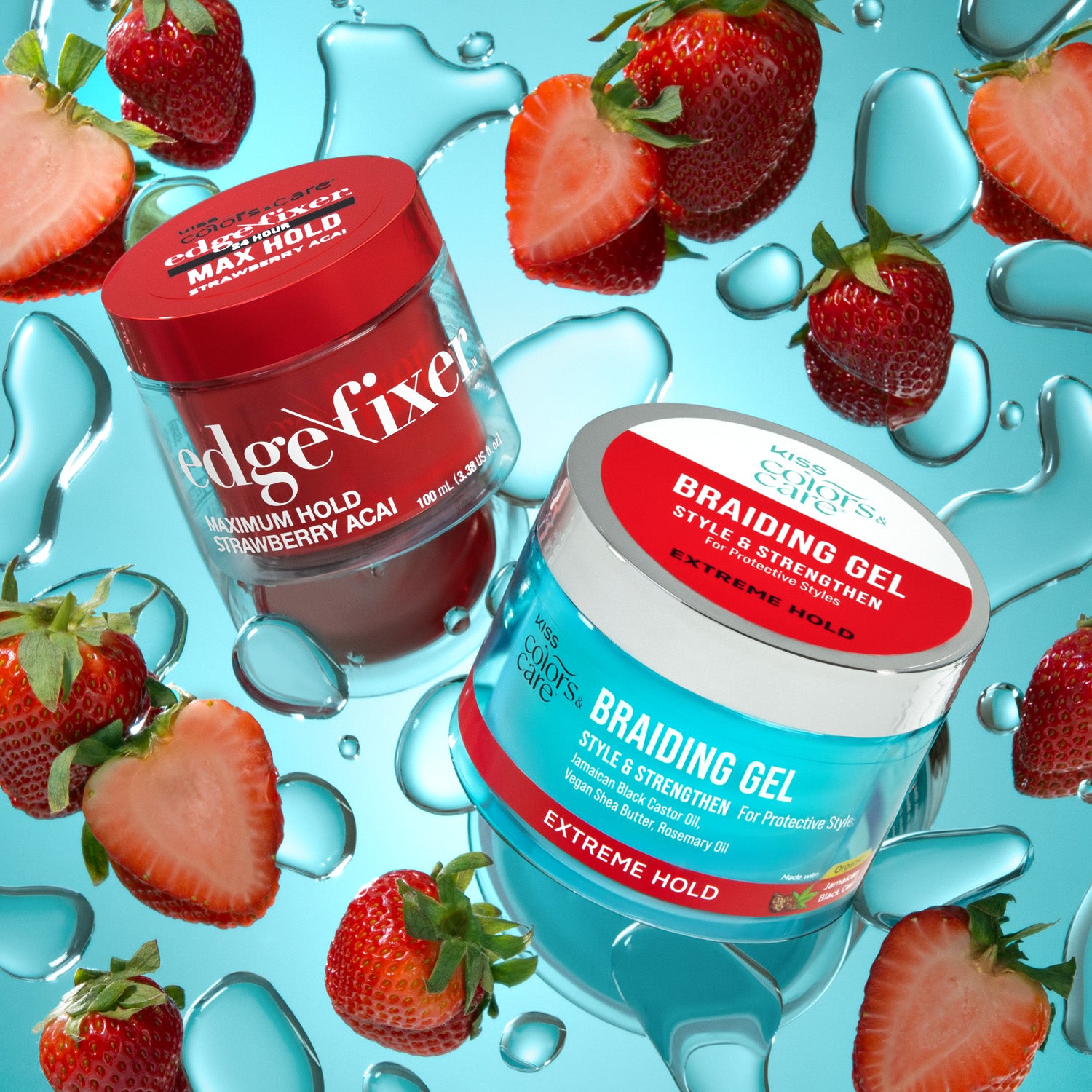 Blue jar of Kiss Colors Care Braiding Gel with silver lid, labeled "Extreme Hold" and "Style &amp; Strengthen," next to red jar of Edgefixer gel.