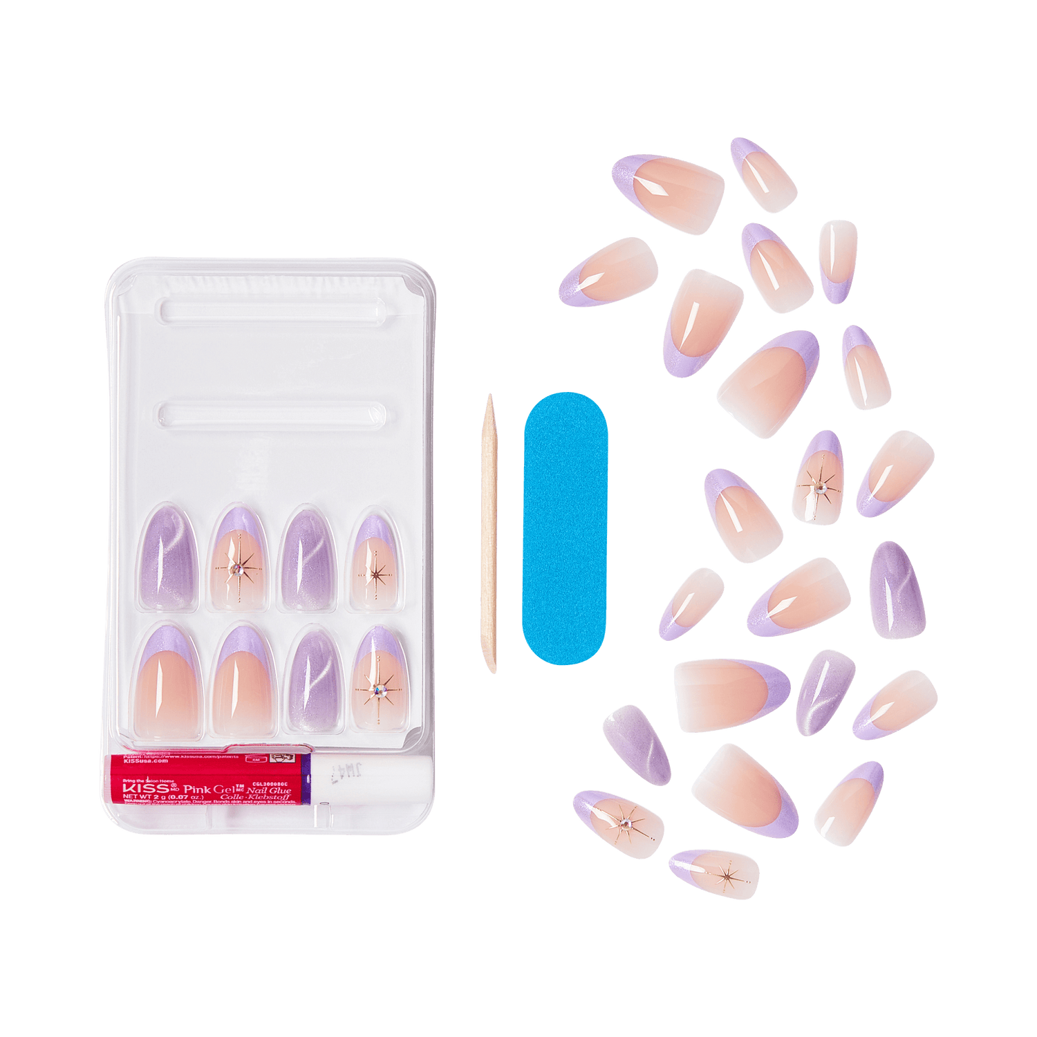 Set of press-on nails with ombré pink to purple design and starburst rhinestone accents, includes nail glue, wooden stick, and blue nail file.
