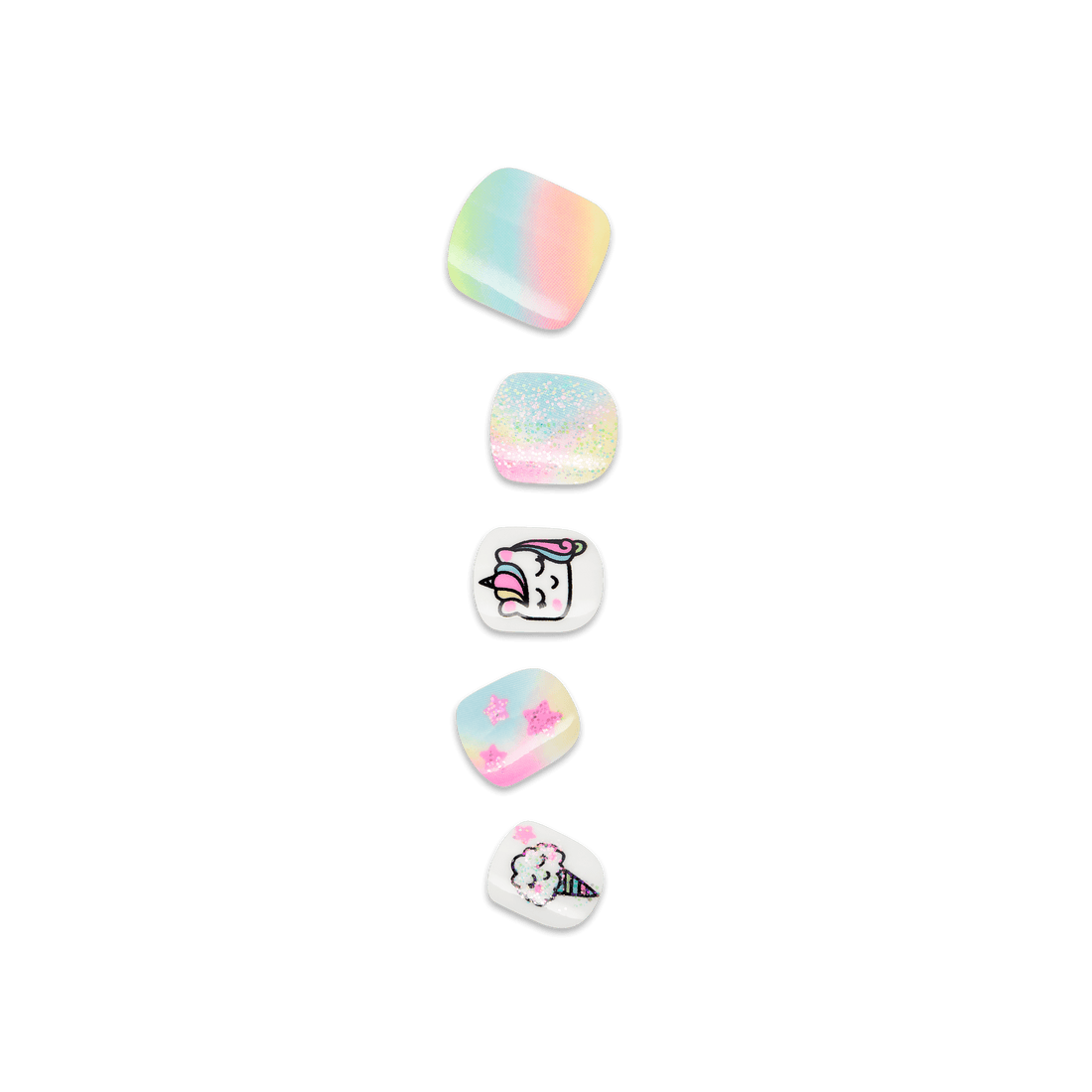 Five pastel nail stickers with gradient, glitter, and cartoon designs