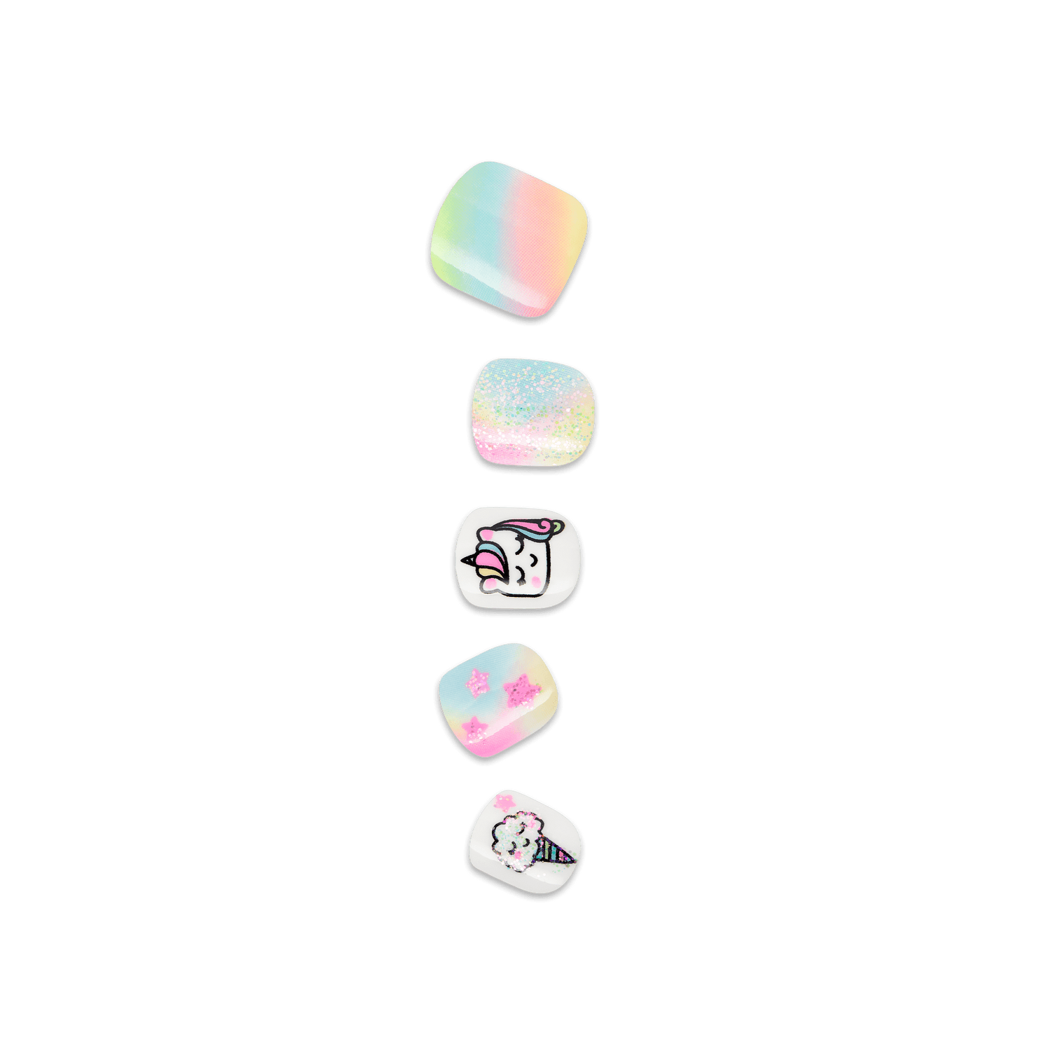 Five pastel nail stickers with gradient, glitter, and cartoon designs