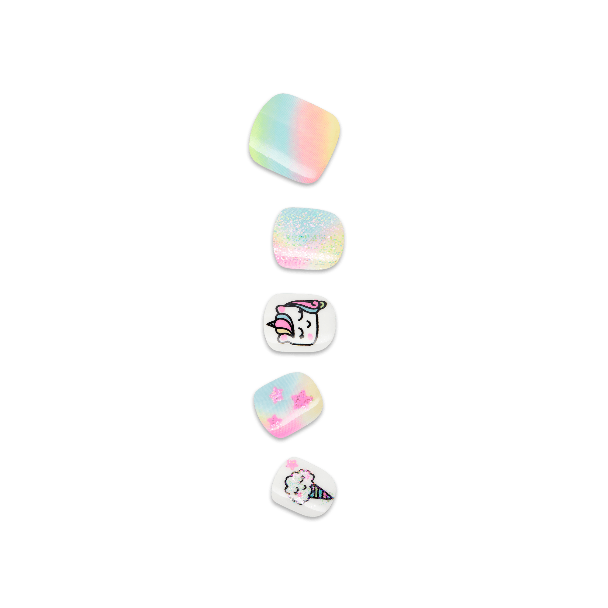 Five pastel nail stickers with gradient, glitter, and cartoon designs