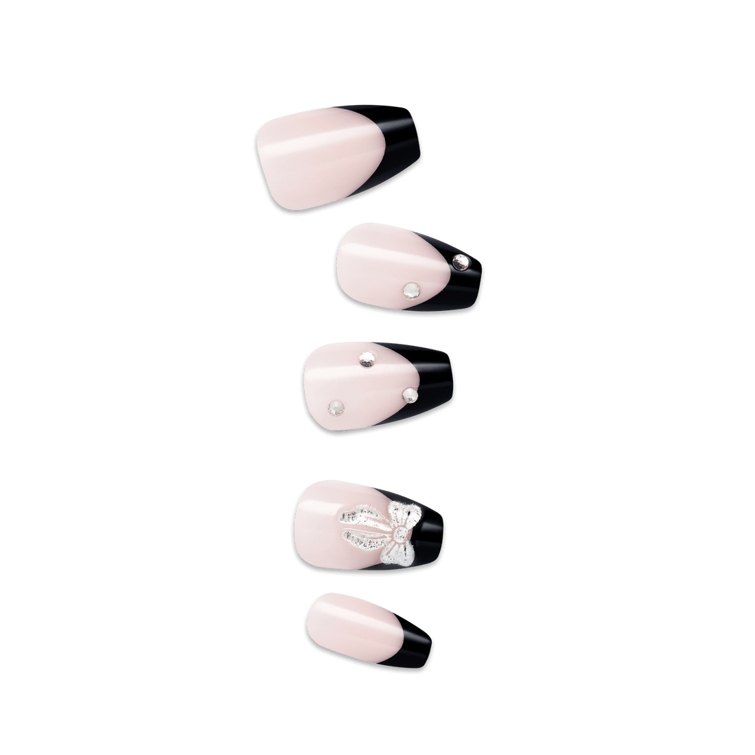 Five pink and black press-on nails with varying embellishments including rhinestones and nail art designs.