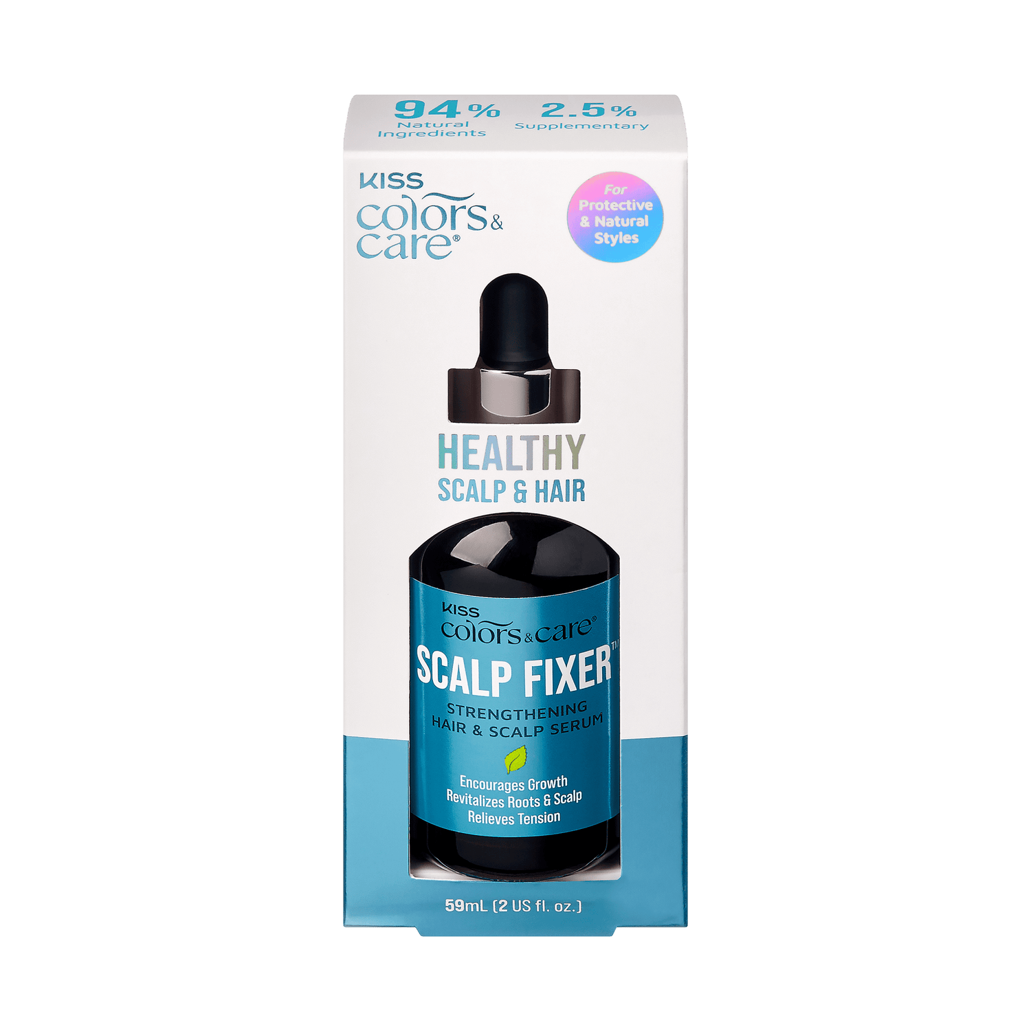 Kiss Colors &amp; Care Scalp Fixer serum bottle in white and blue box, labeled for strengthening hair and scalp, encourages growth and relieves tension.