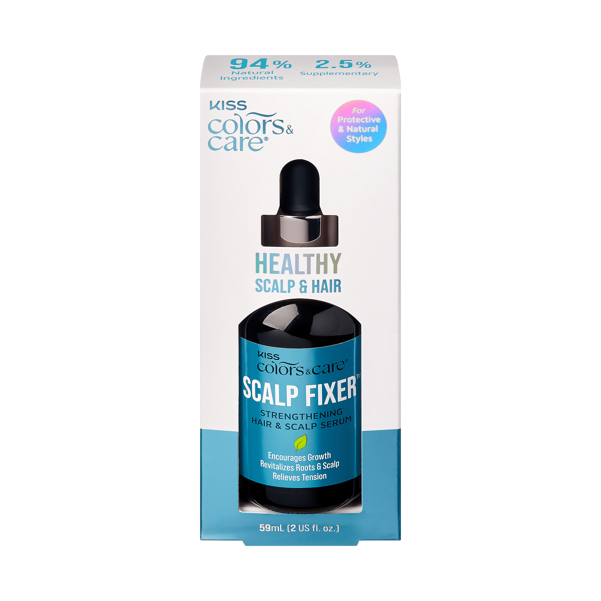 Kiss Colors &amp; Care Scalp Fixer serum bottle in white and blue box, labeled for strengthening hair and scalp, encourages growth and relieves tension.
