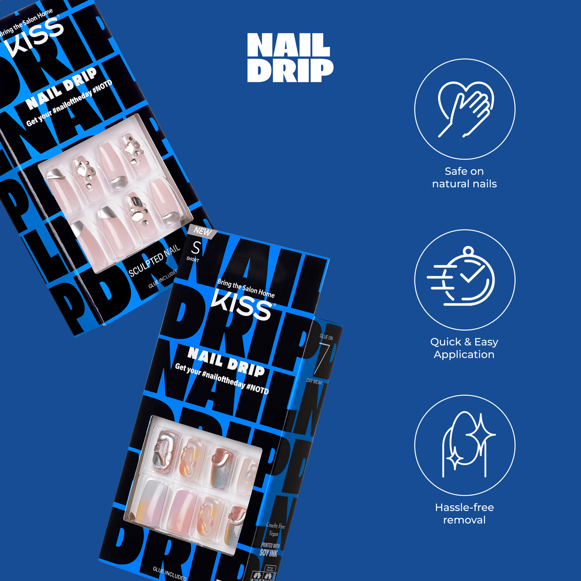 Two KISS Nail Drip press-on nail sets in black and blue packaging with short sculpted and daywear nail designs, plus icons noting safe on natural nails, quick application, and hassle-free removal.