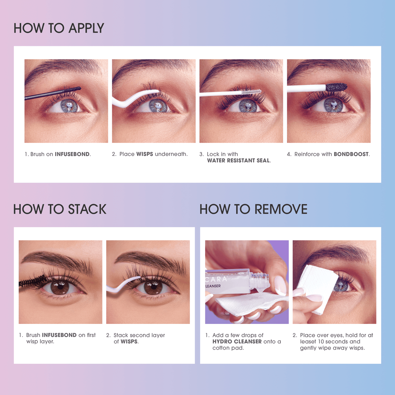 Close-up photos showing step-by-step application, stacking, and removal of KISS FALSCARA lash product on eyes.