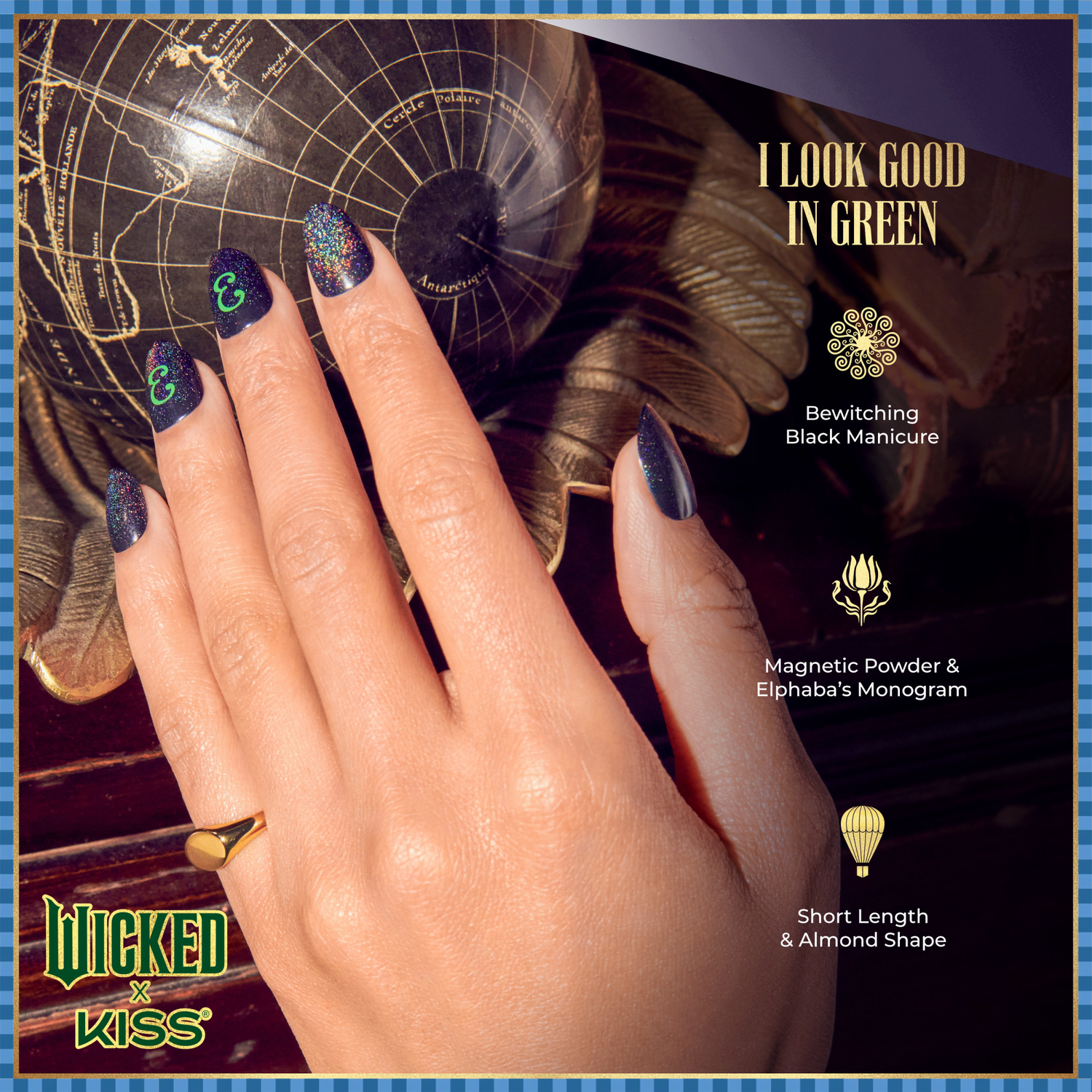 Hand with short almond-shaped nails painted in black glitter manicure, featuring green monogram \