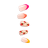 Five press-on nails displayed vertically with glossy finish; designs include pink, orange, and yellow French tips and two nails with red strawberry and white flower patterns.