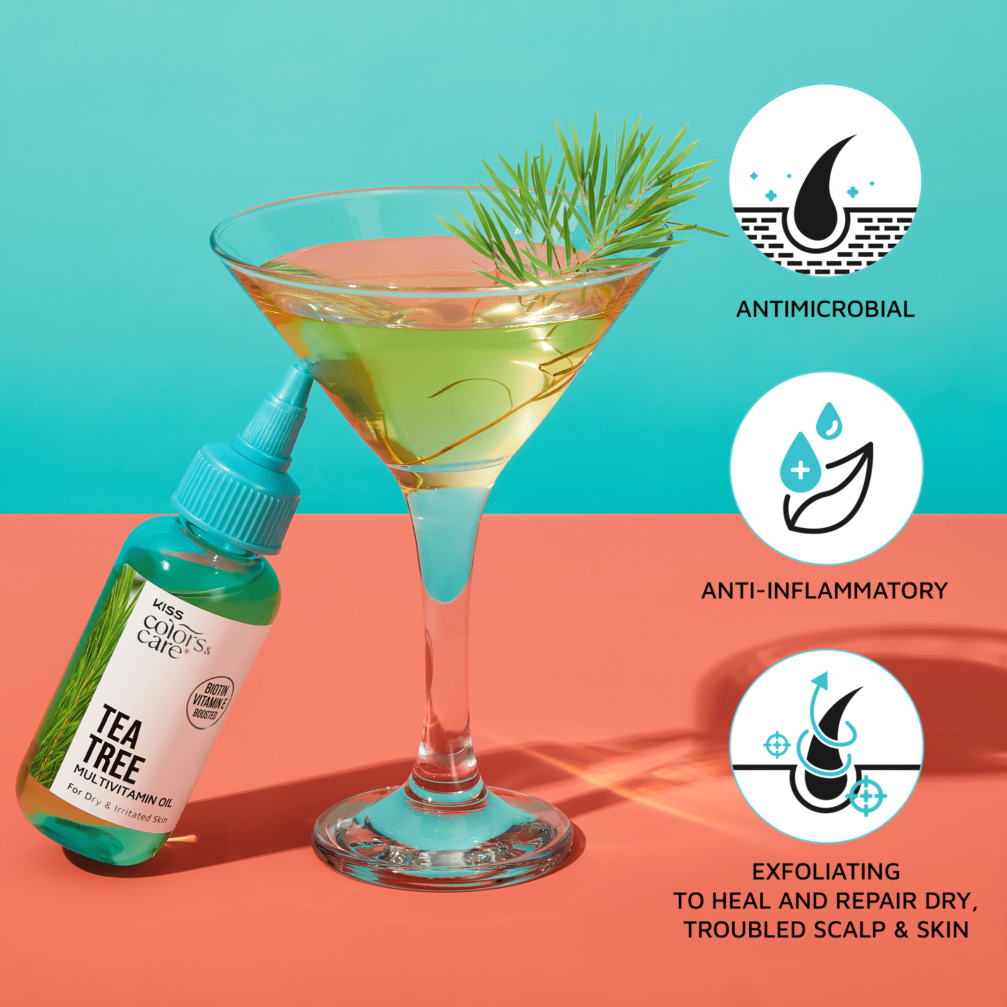 KISS Colors &amp; Care Tea Tree Multivitamin Oil bottle leaning on a martini glass with tea tree branch inside. Icons highlight antimicrobial, anti-inflammatory, and exfoliating benefits for dry, troubled scalp and skin.