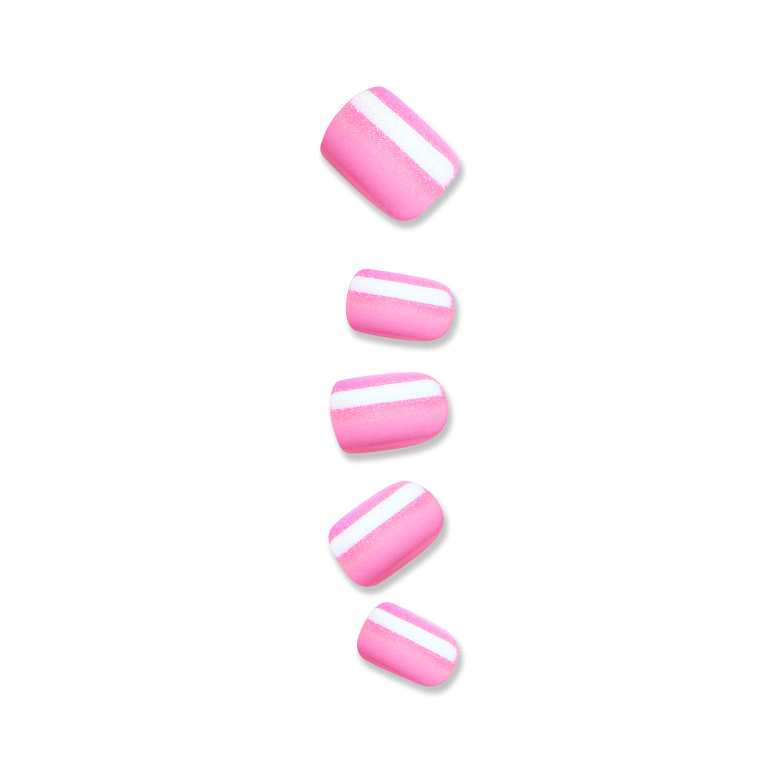 Set of five press-on nails in a shiny pink shade with a vertical white stripe down the center, shown against a plain background.