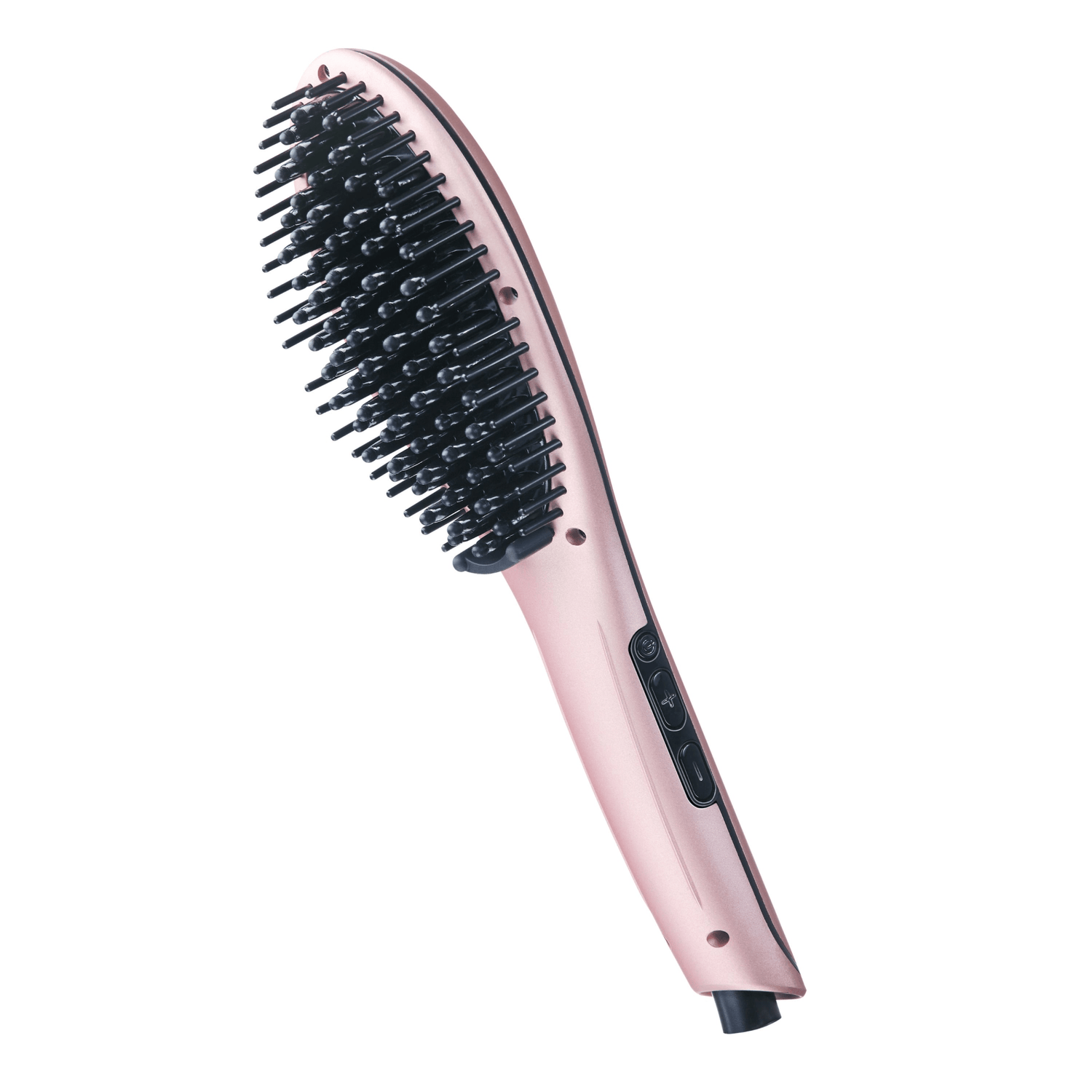 Rose gold KISS Bristle Straightener Heat Brush with black bristles and three black control buttons on the handle.