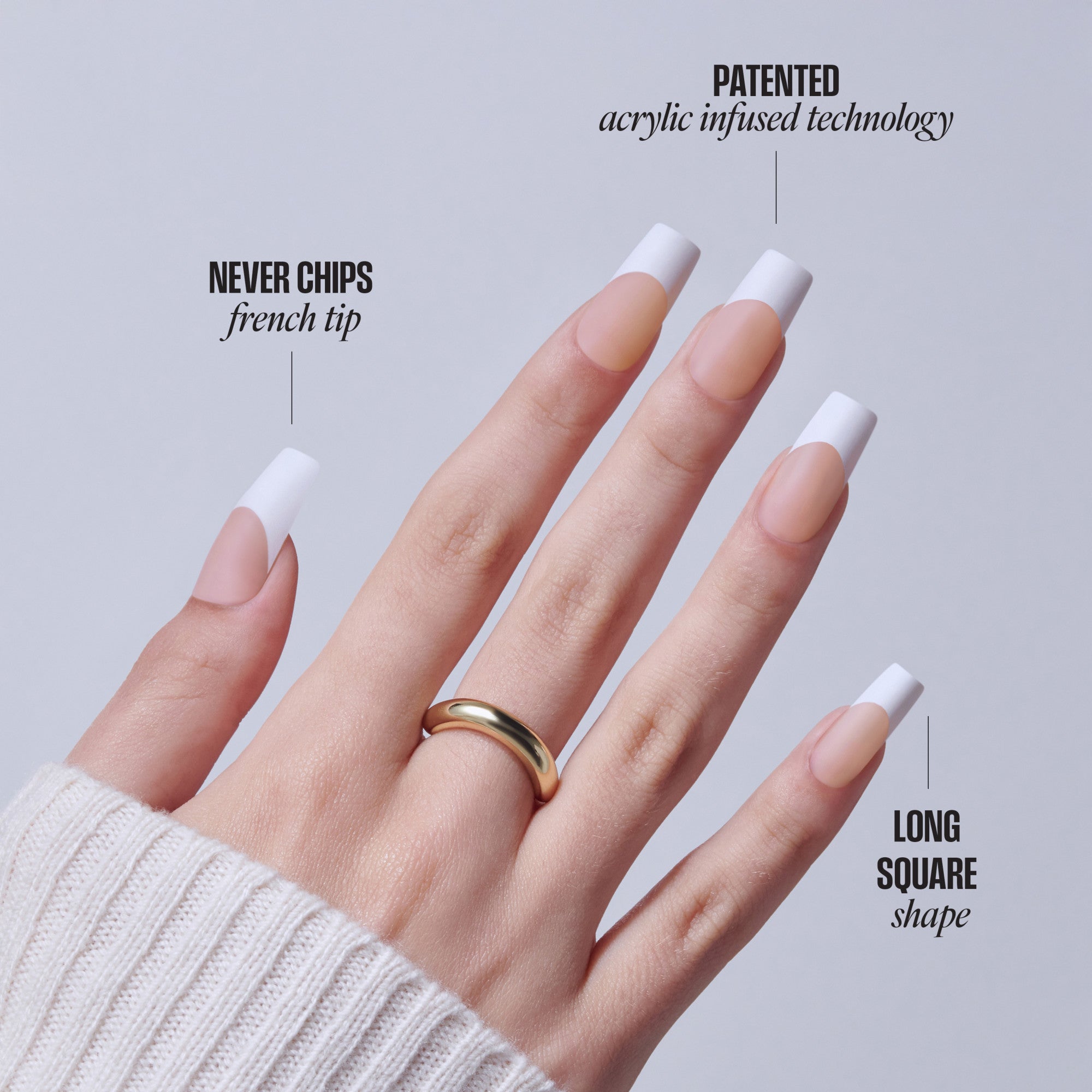 French tip acrylic nails with patented acrylic infused technology, never chips, long square shape.