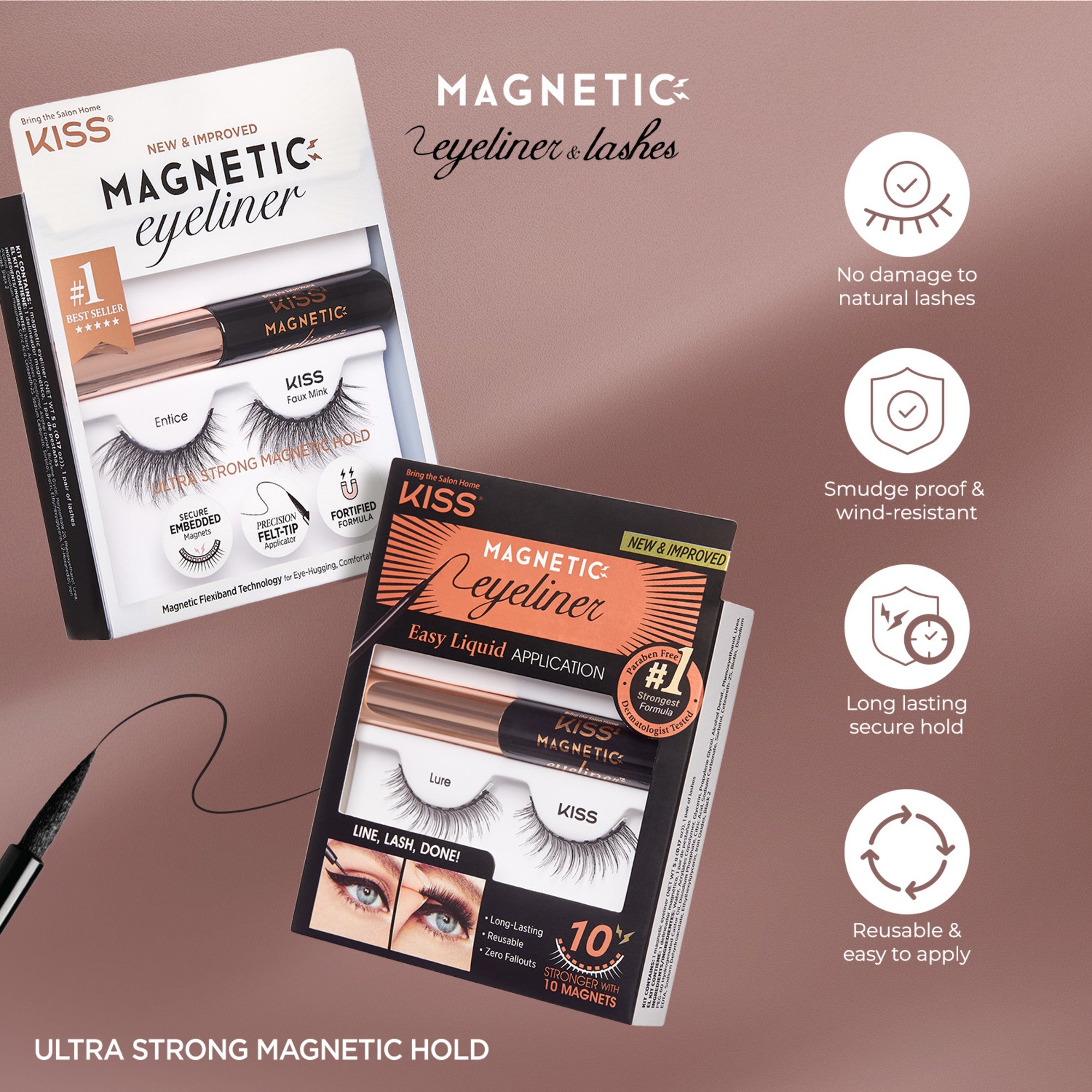 Two angled boxes of KISS Magnetic Eyeliner &amp; Lashes in Entice and Lure styles on a mauve background. Highlights include ultra-strong magnetic hold, no damage to natural lashes, smudge-proof, long-lasting secure hold, and reusable application.