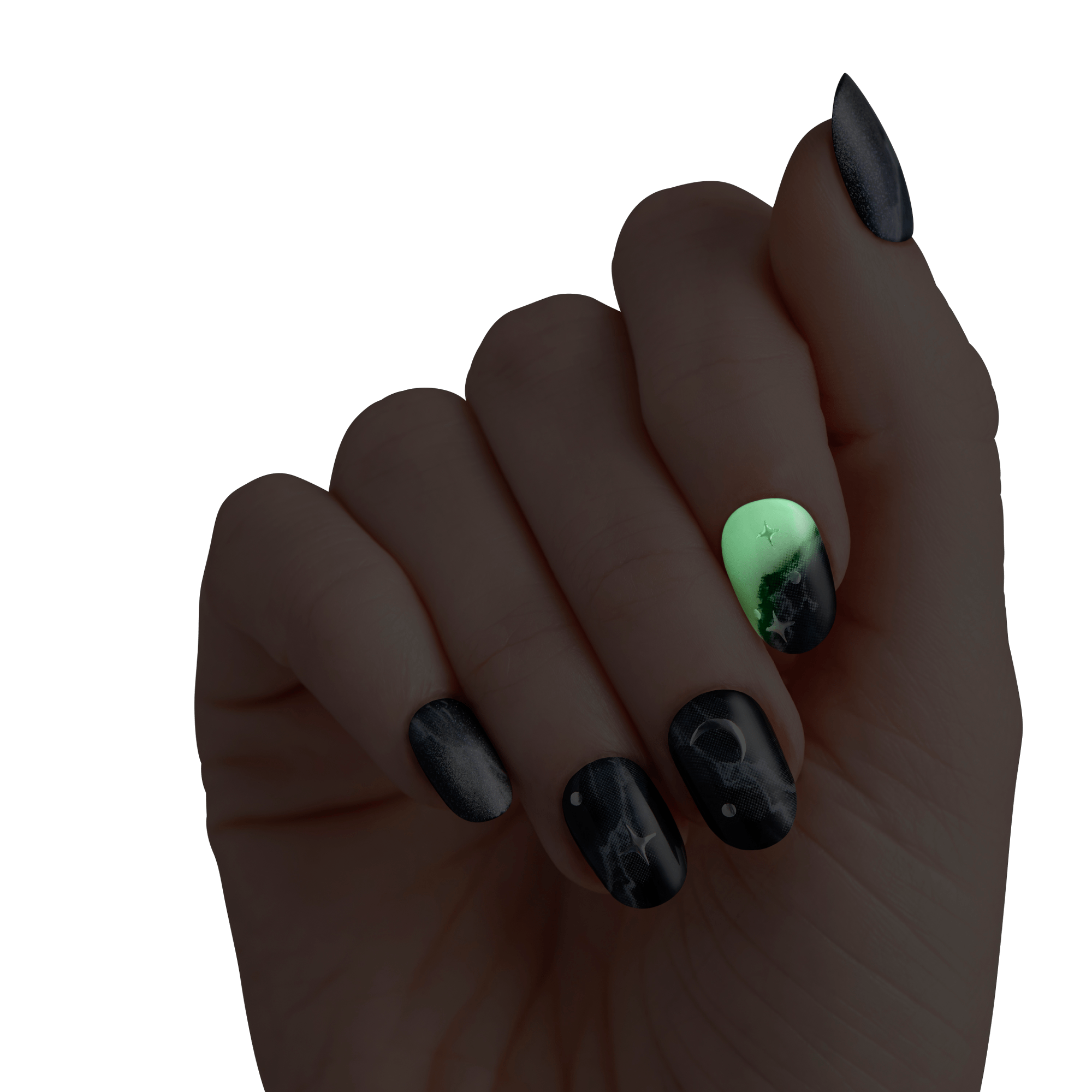 Manicured nails with black marble and green ombre designs on dark skin tone hand.