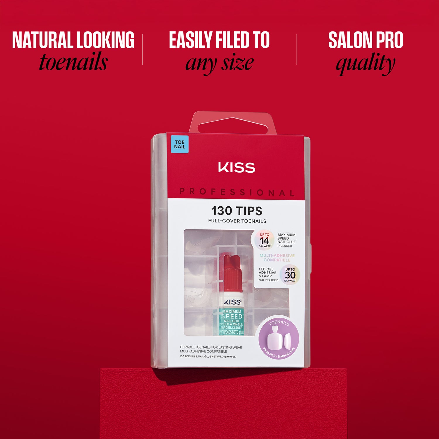 KISS Professional 130 Tips Full-Cover Toenails packaging on red background with product features.