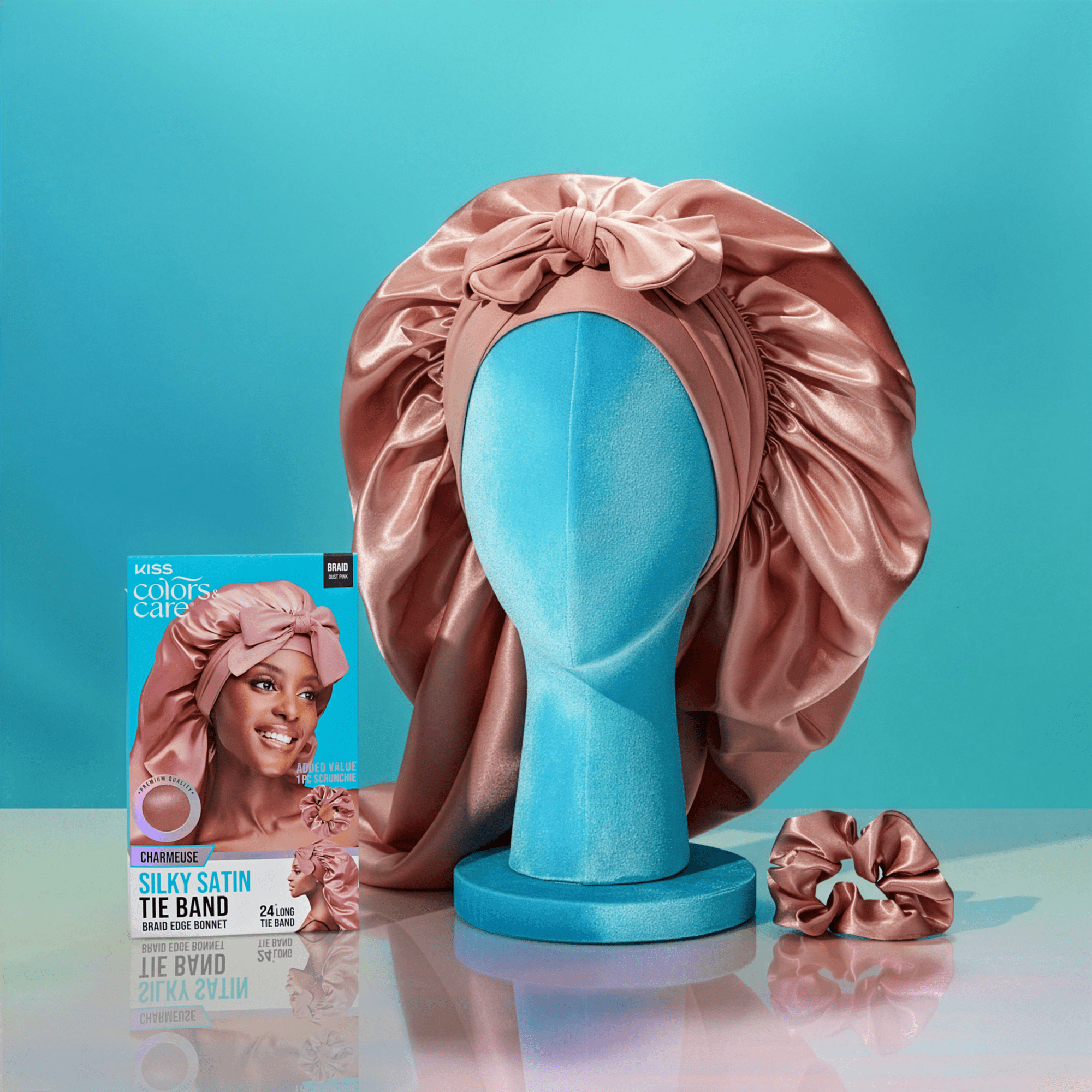 KISS Colors &amp; Care Silky Satin Tie Band in Charmeuse with mannequin head and packaging display.