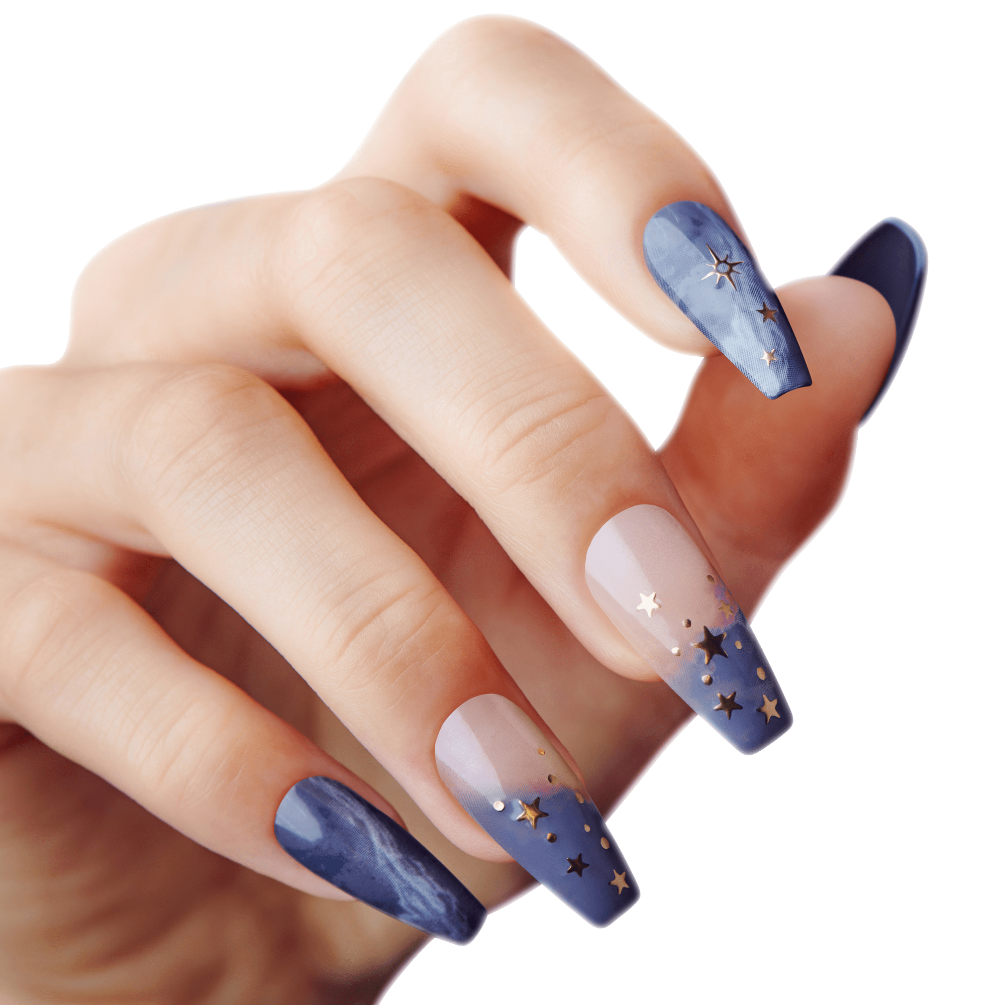 Hand with long coffin-shaped press-on nails in blue and nude shades, decorated with gold stars and celestial designs, shown in a close-up view.