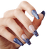 Hand with long coffin-shaped press-on nails in blue and nude shades, decorated with gold stars and celestial designs, shown in a close-up view.