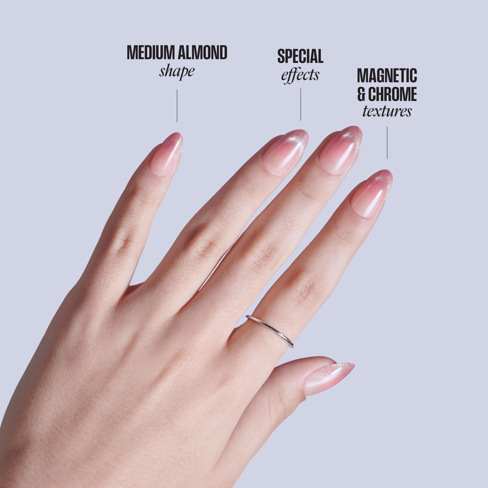 Hand displaying almond-shaped nails with pink ombre and chrome finishes.