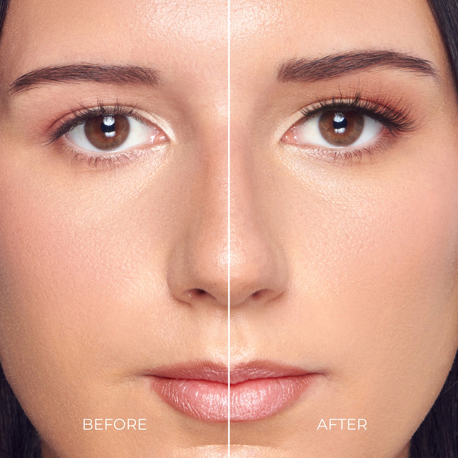 Before and after beauty comparison showing lash and eyebrow enhancement results.