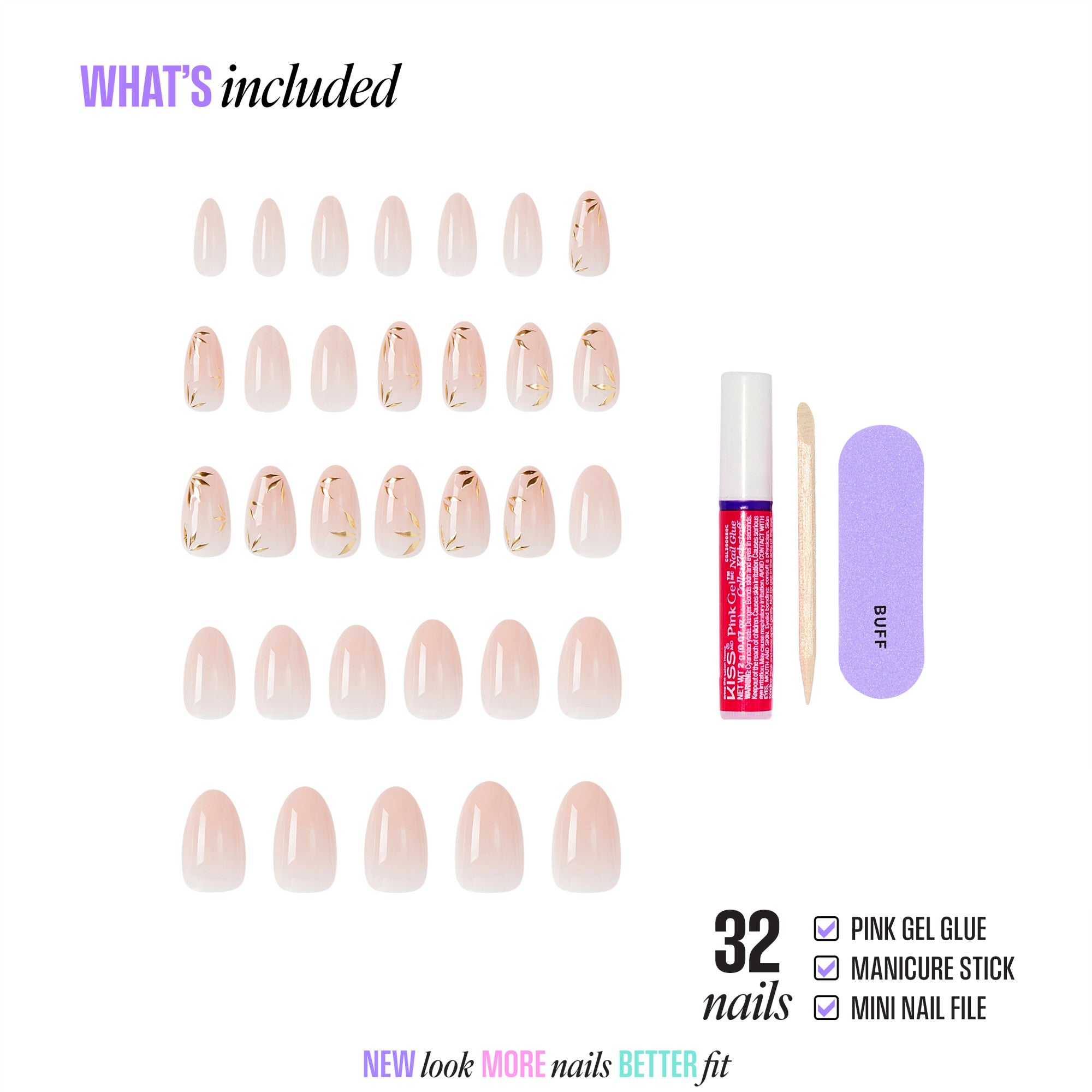 Kiss Core Design Press On Fake Glue Nails - Wherever You Go | Design, Pink, Medium, Almond
