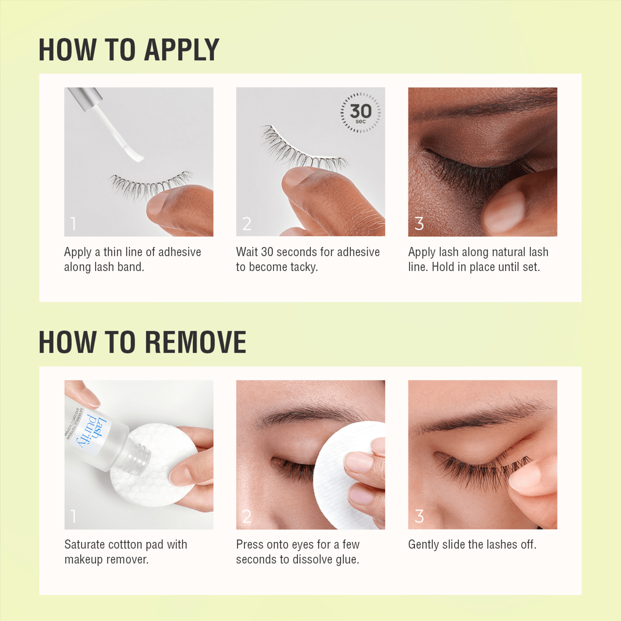 False lash application and removal instructions with step-by-step visual guide.