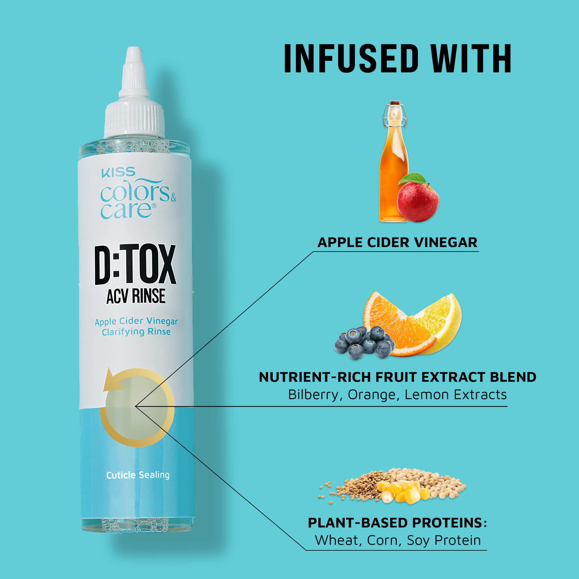 Kiss Colors Care D:TOX ACV Rinse bottle with ingredients listed on a blue background