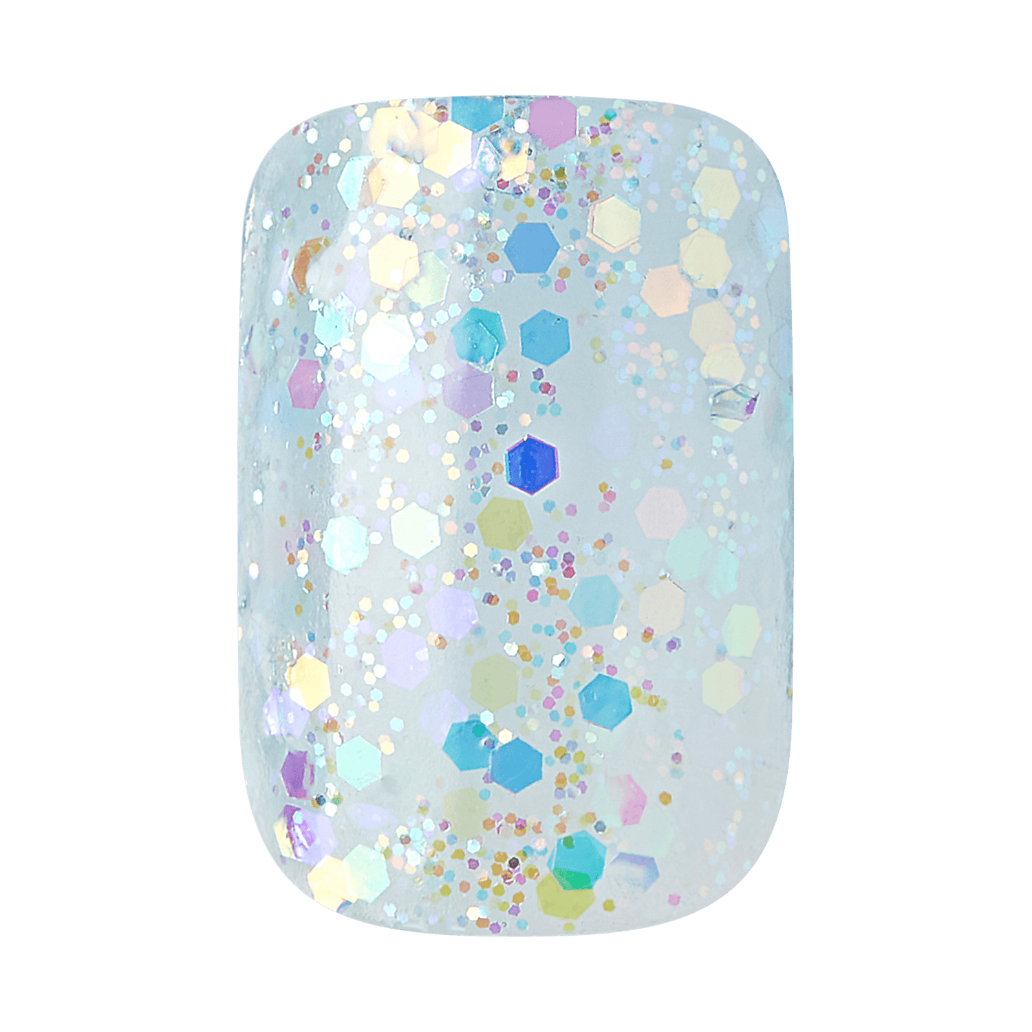 Clear press-on nail with iridescent hexagonal glitter in shades of blue, purple, gold, and white, creating a sparkling, dreamy effect.
