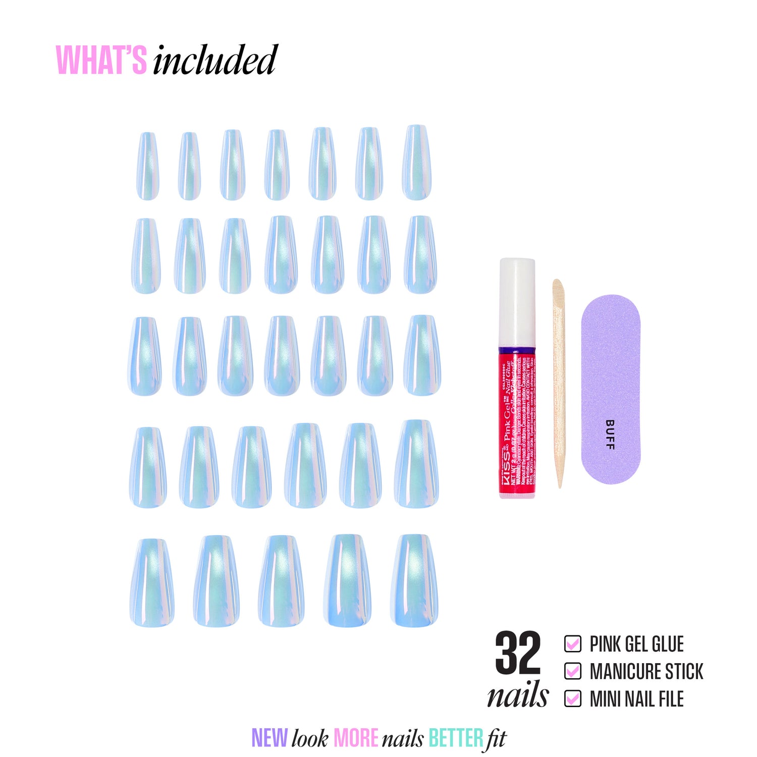 32 iridescent blue press-on nails with gel glue, manicure stick, and mini file included.
