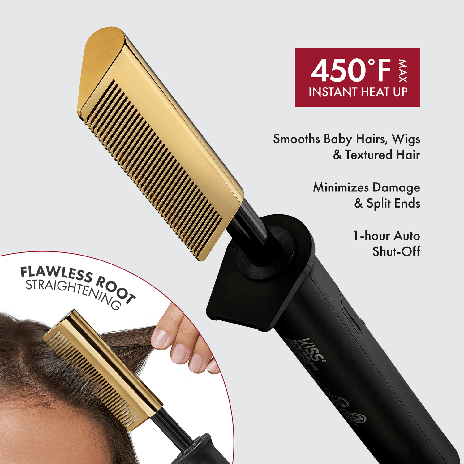 Black and gold KISS Professional Pressing Comb with close-up of its heated gold comb head smoothing brown hair roots. Text highlights 450°F max heat, smooths baby hairs, wigs, textured hair, minimizes damage and split ends, and has 1-hour auto shut-off.
