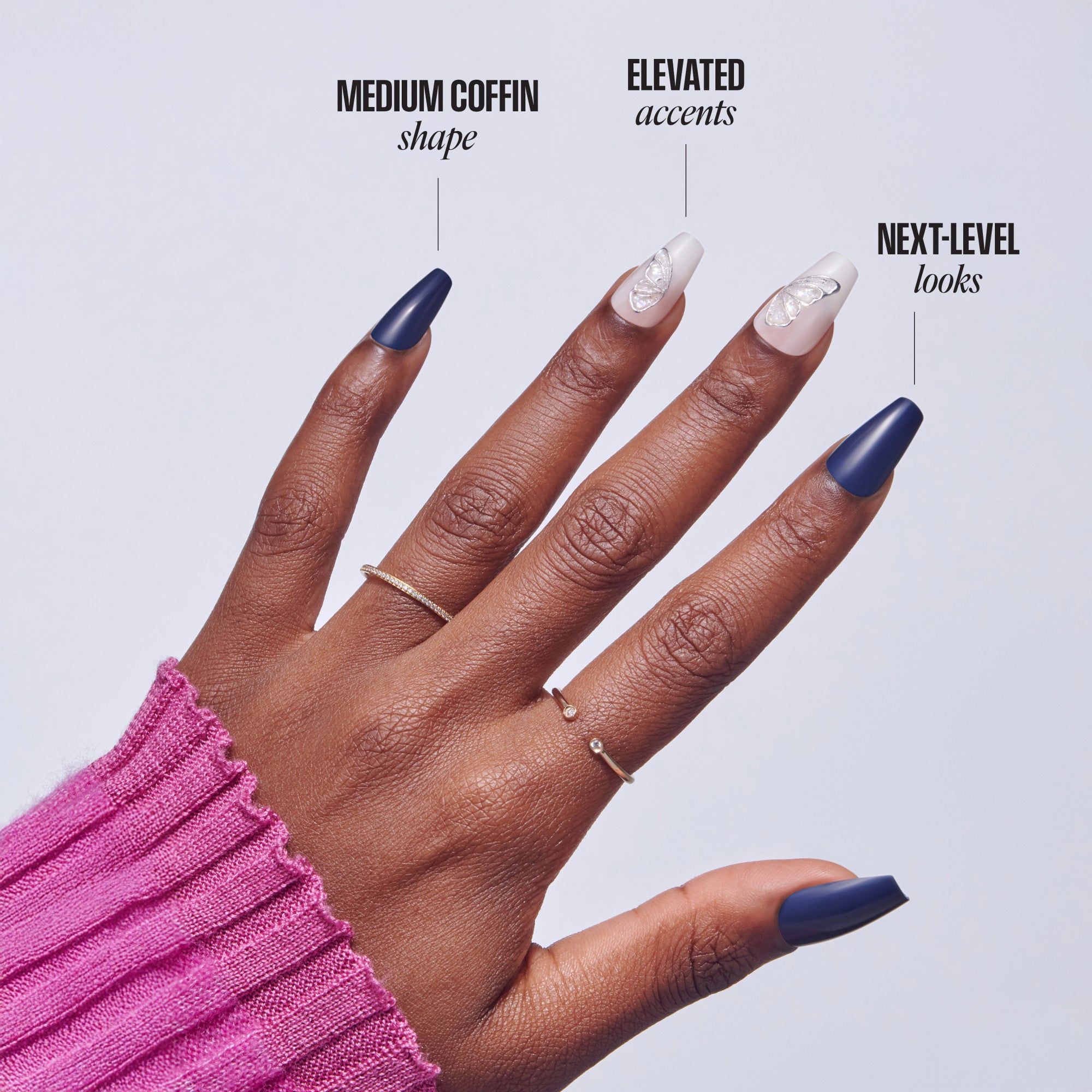Hand displaying nail designs: coffin shape, elevated accents, and next-level looks in navy and nude.