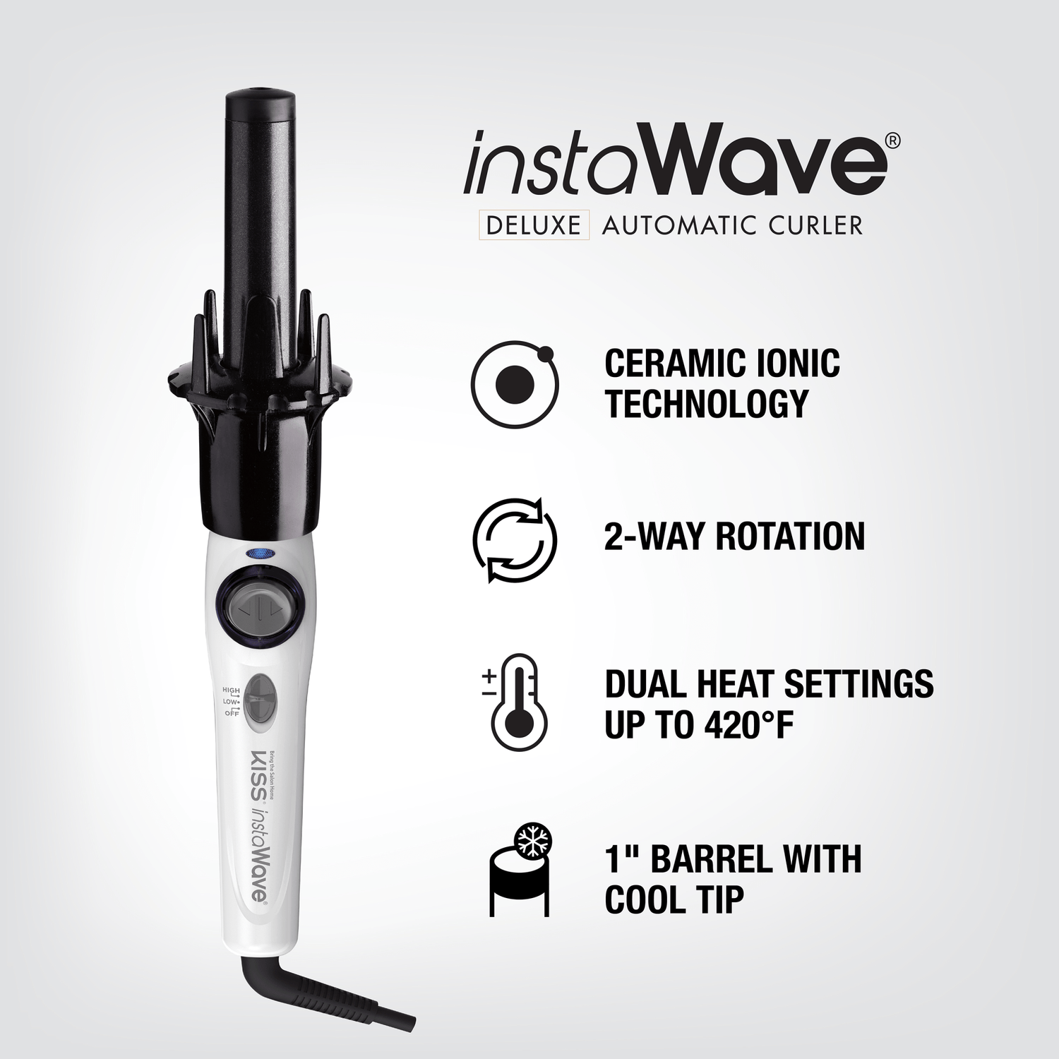 White and black Instawave Deluxe Automatic Hair Curler with 1-inch barrel and cool tip, featuring ceramic ionic technology, 2-way rotation, and dual heat settings up to 420°F.