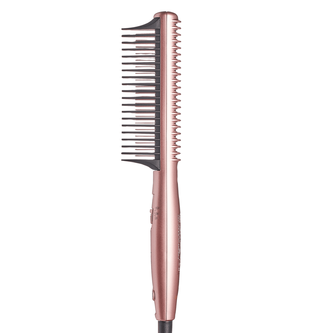 Slim rose gold electric heat brush with wide-spaced black bristles on one side and fine teeth on the other, showing a side view with power settings switch.