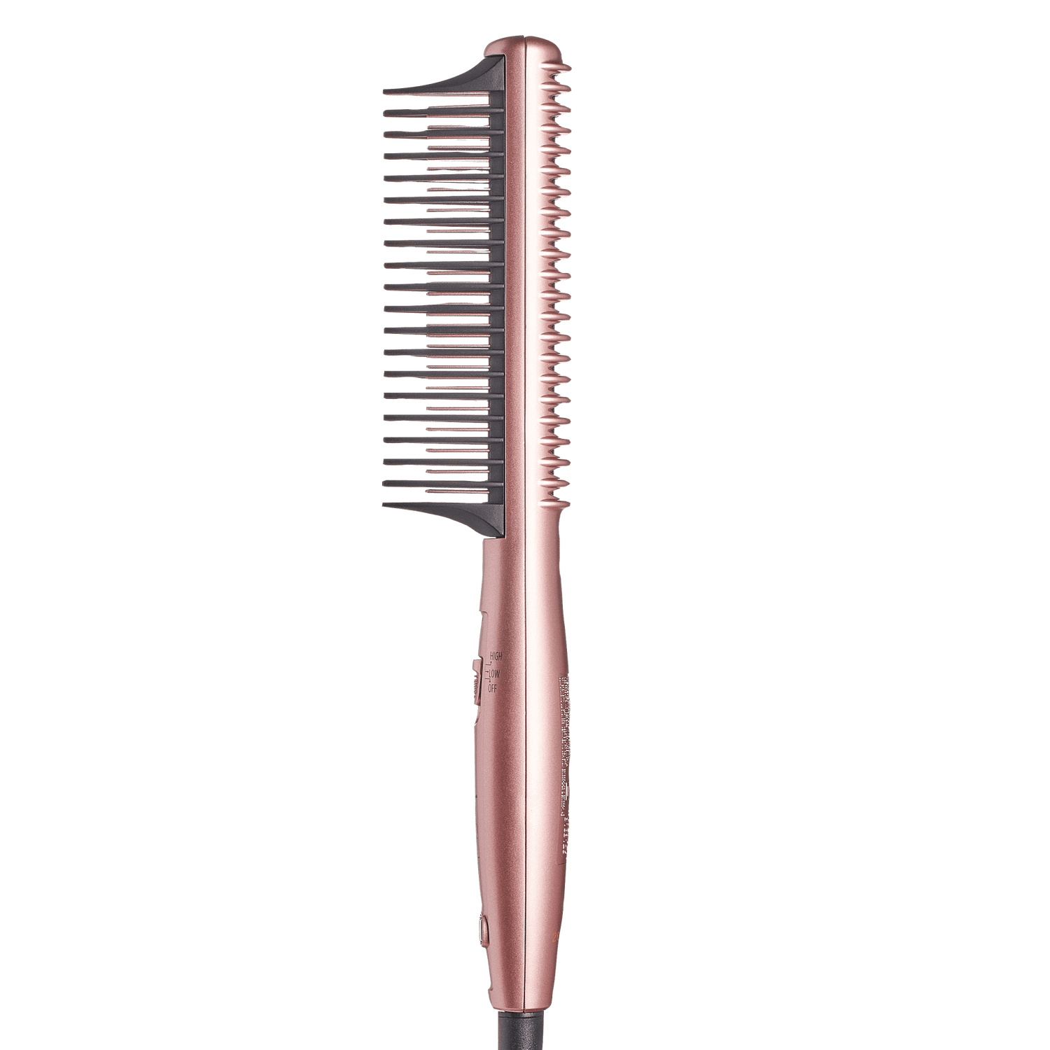 Slim rose gold electric heat brush with wide-spaced black bristles on one side and fine teeth on the other, showing a side view with power settings switch.