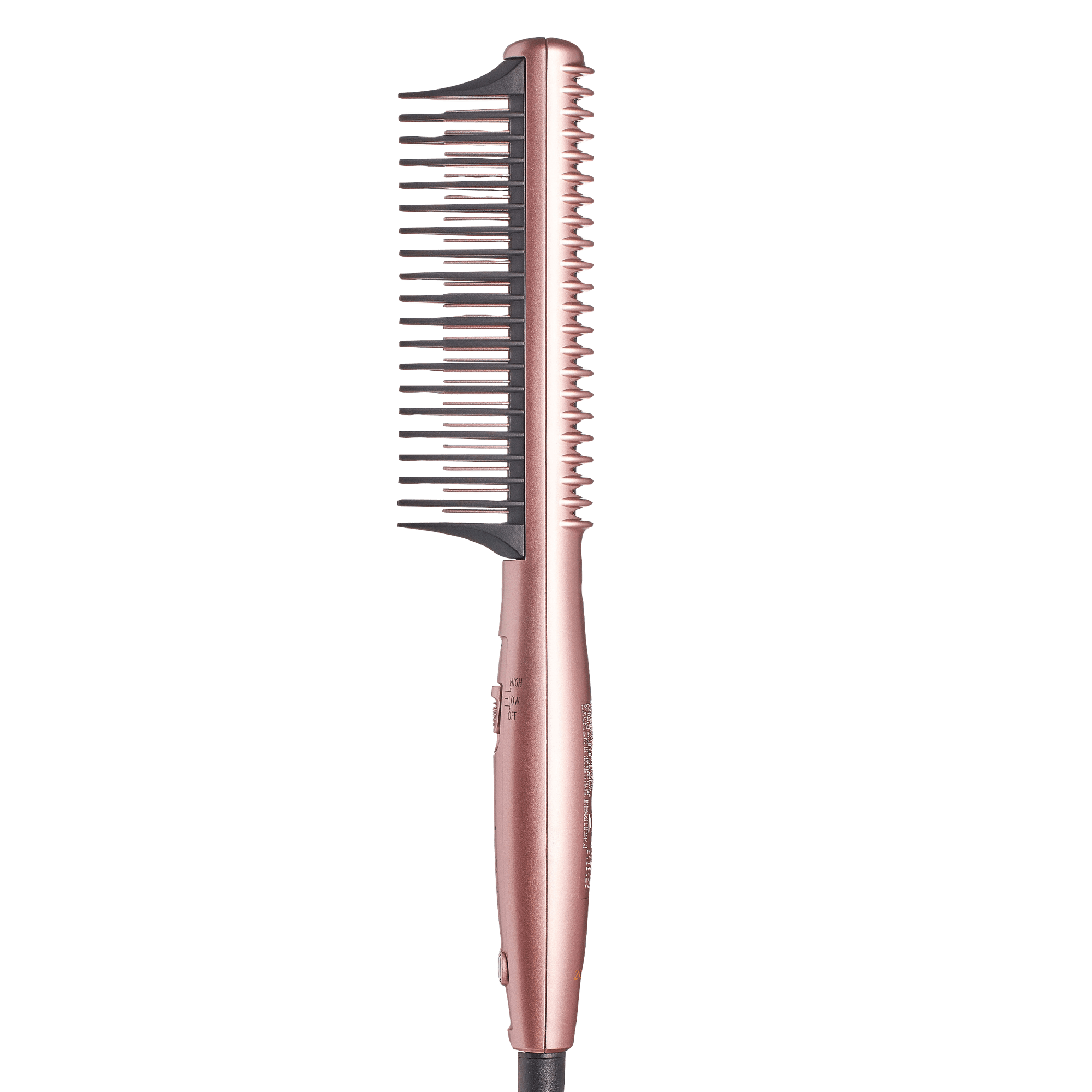Slim rose gold electric heat brush with wide-spaced black bristles on one side and fine teeth on the other, showing a side view with power settings switch.