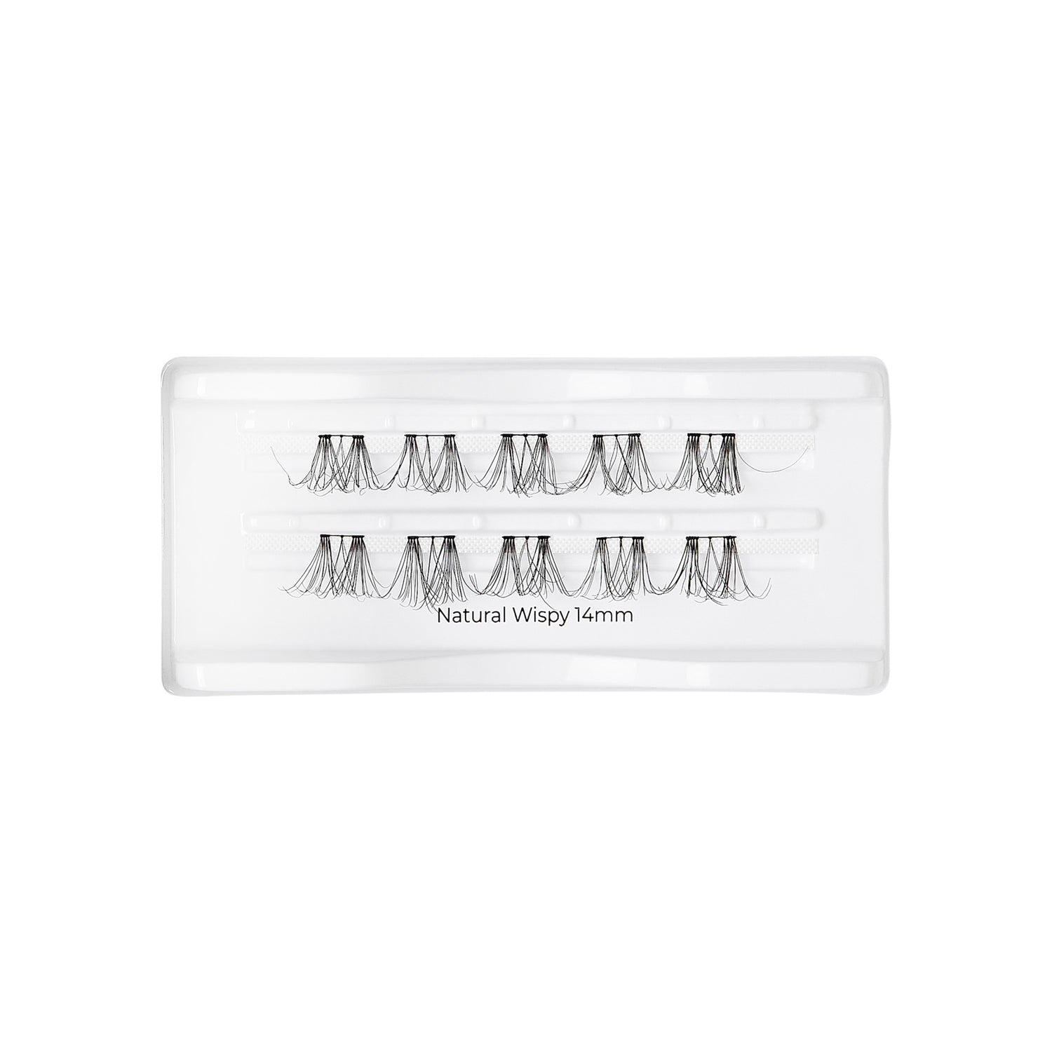 Clear plastic tray containing two rows of black, natural-style wispy false eyelash clusters labeled \