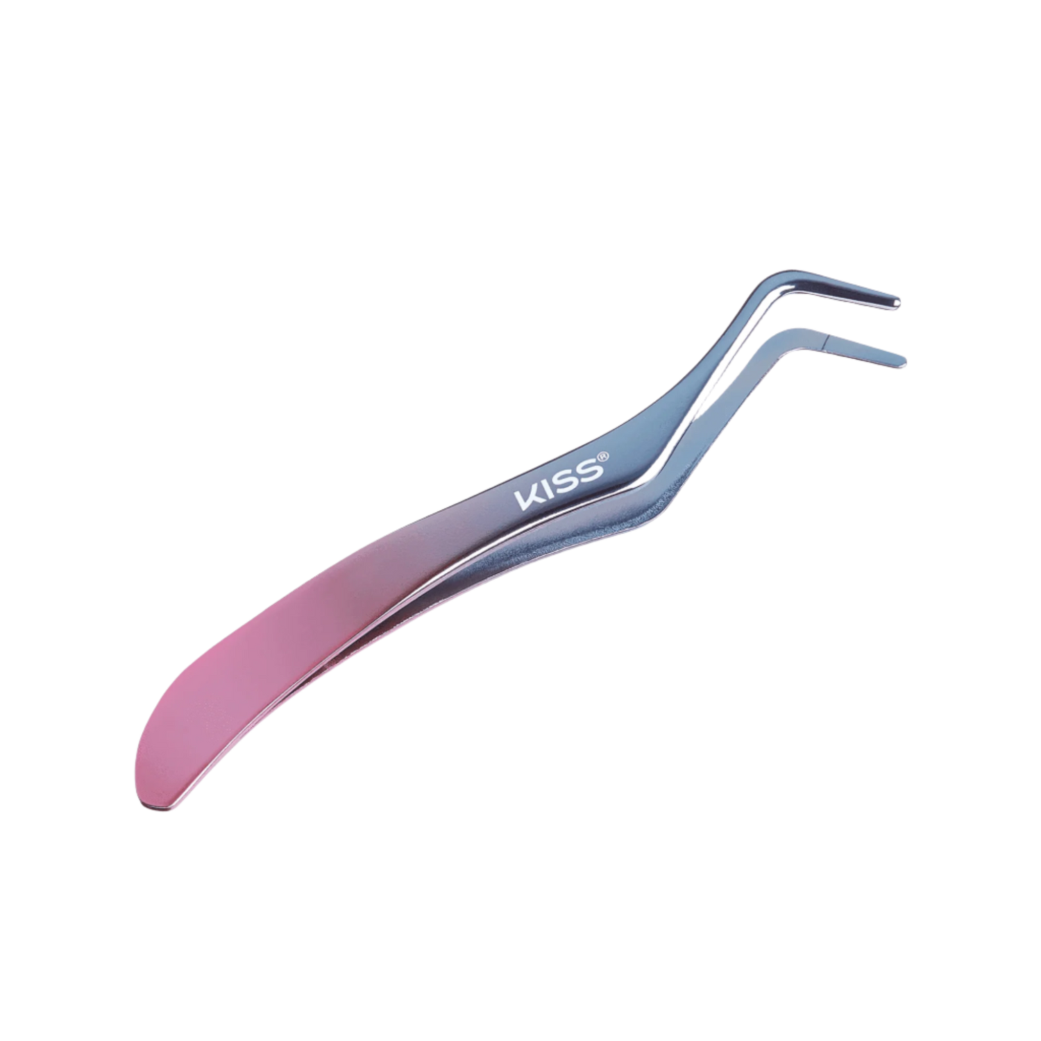 Metal eyelash applicator with a curved tip and a flat spreading edge, branded with white \