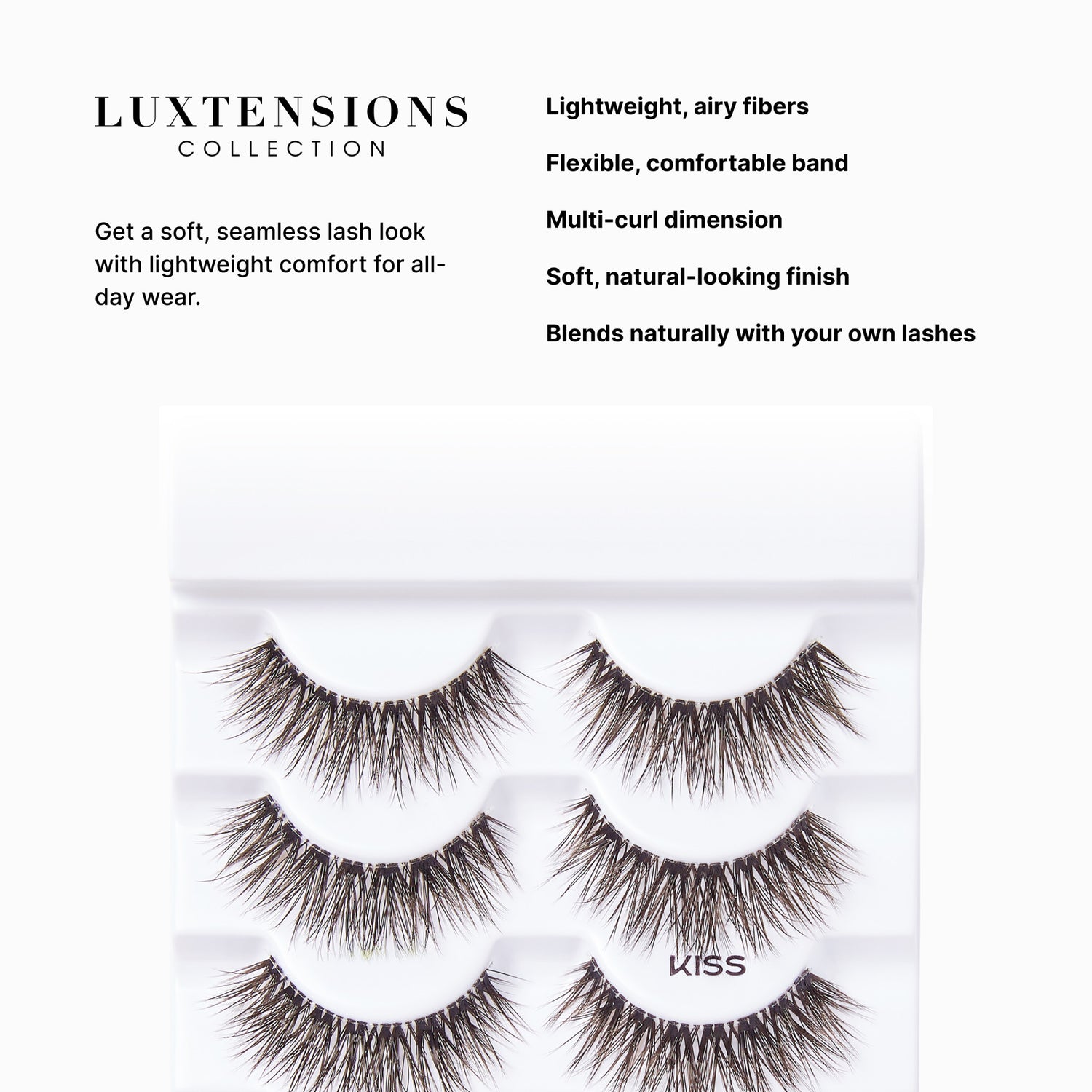KISS Lash Couture LuXtensions Russian Volume lashes in white tray, featuring lightweight, multi-curl, soft fibers for a natural, seamless look.
