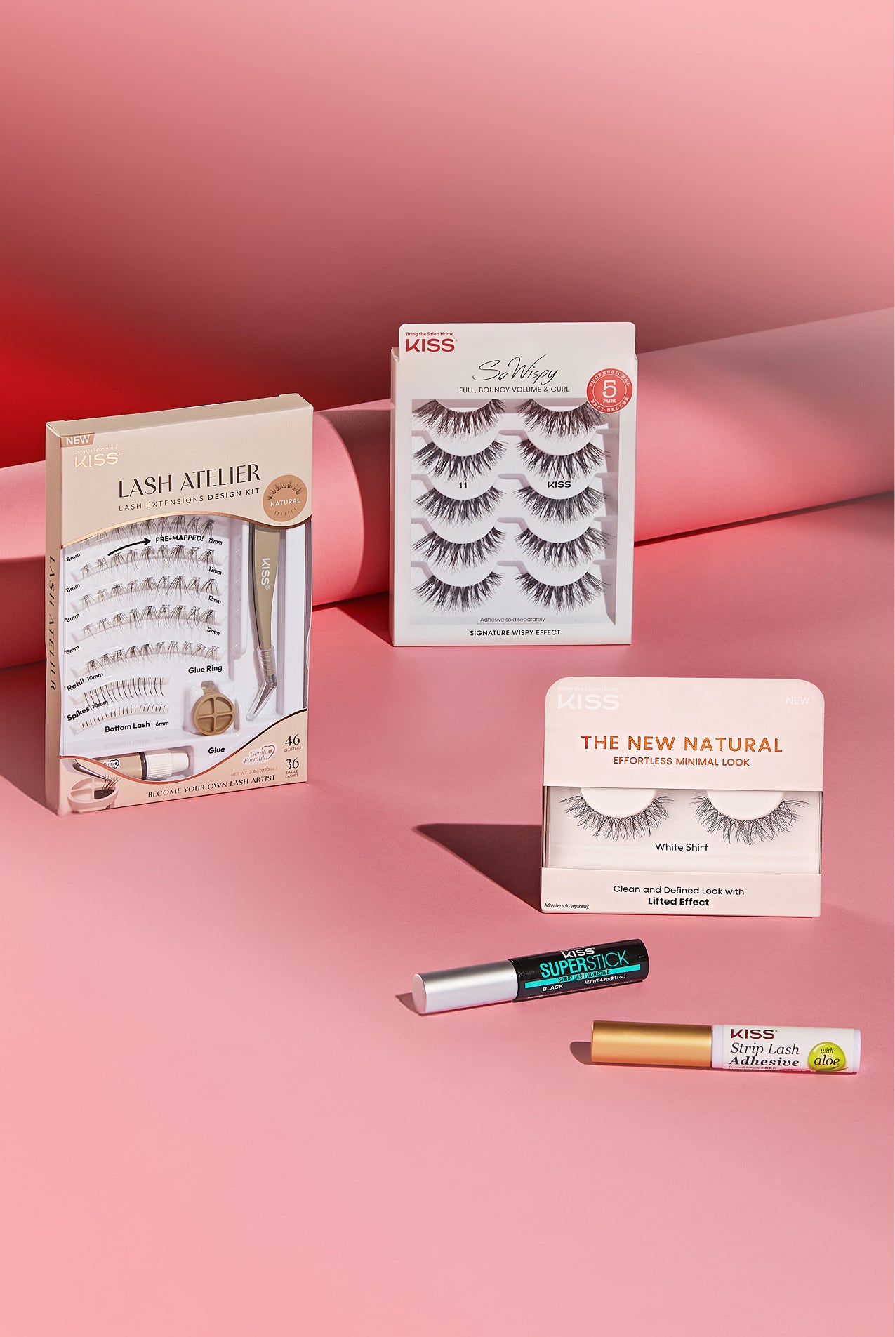 KISS lash products: Lash Atelier kit, SoWispy lashes, The New Natural lashes, Superstick eyeliner, Strip Lash Adhesive.