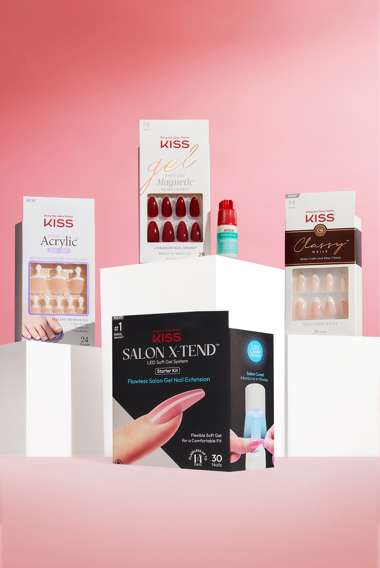 KISS nail products collection: acrylic nails, gel fantasy, Salon Xtend, and classy nails on pink background.