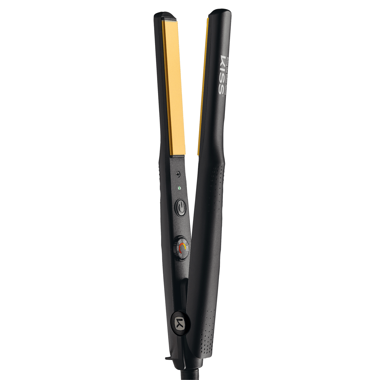 Black and gold KISS Nano Titanium professional flat iron with 1/2-inch plates, temperature dial, power button, and \