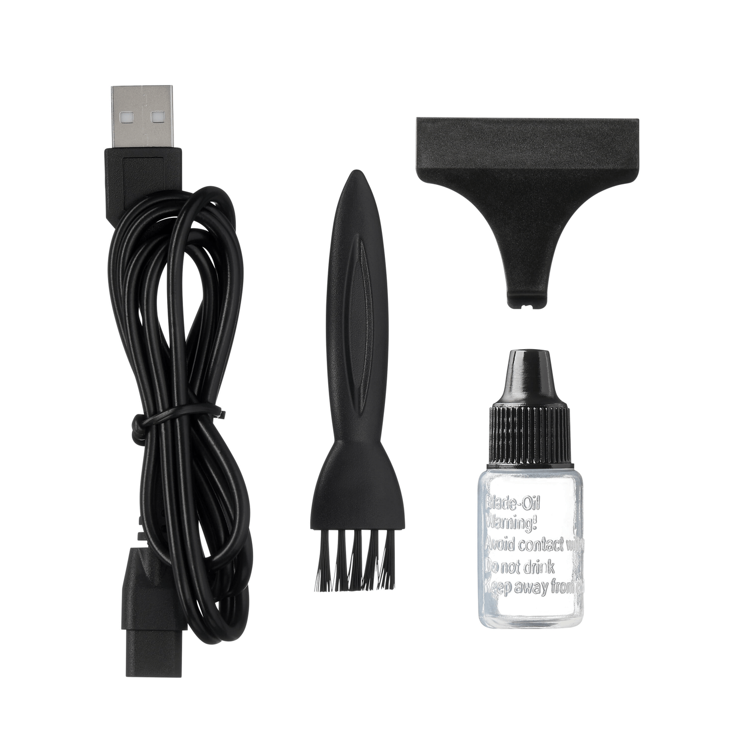 USB charging cable, a small black cleaning brush, a detachable black trimmer guard, and a small clear bottle of blade oil with safety warnings.