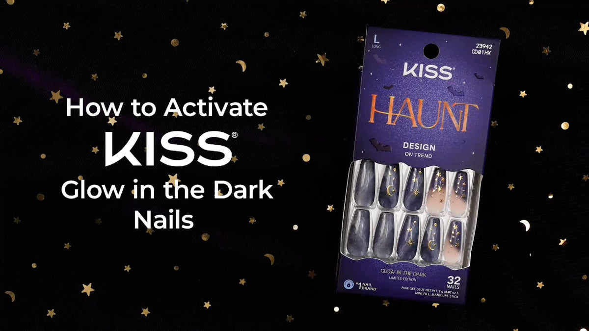 Kiss Haunt Halloween Press On Fake Glue Nails - Midnight Makeover | French Design, Black &amp; White, Medium, Almond, Glow In The Dark