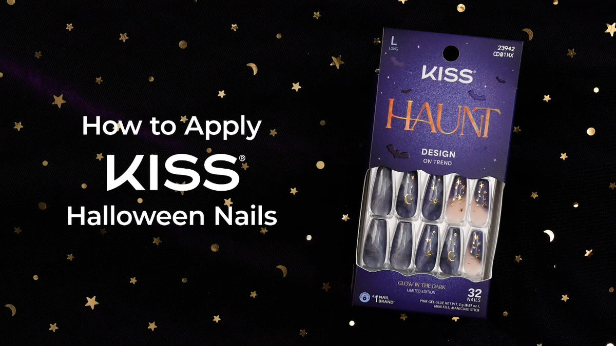 Kiss Haunt Halloween Press On Fake Glue Nails - Midnight Makeover | French Design, Black &amp; White, Medium, Almond, Glow In The Dark