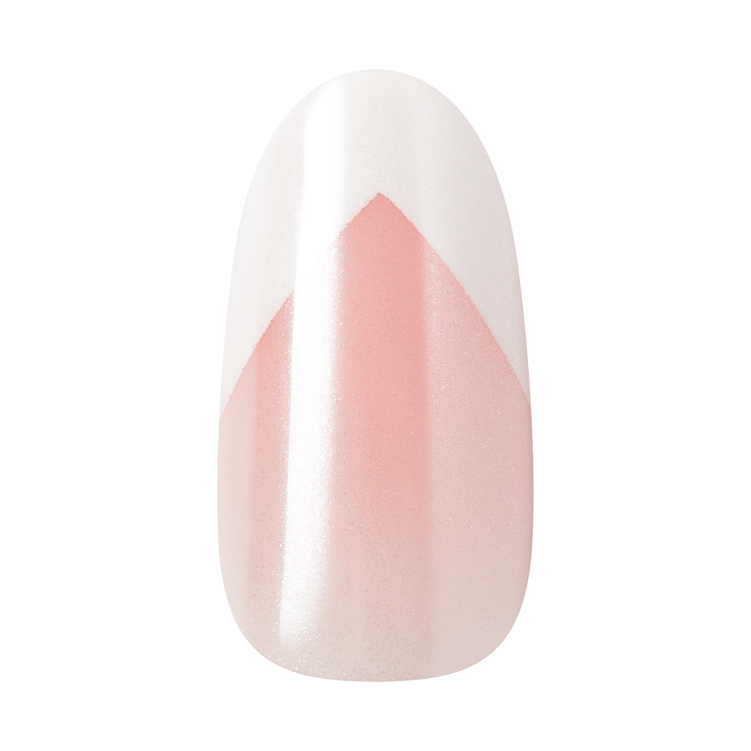 Nail tip featuring a glossy, pale pink and white geometric design with a sharp chevron pattern in the center.