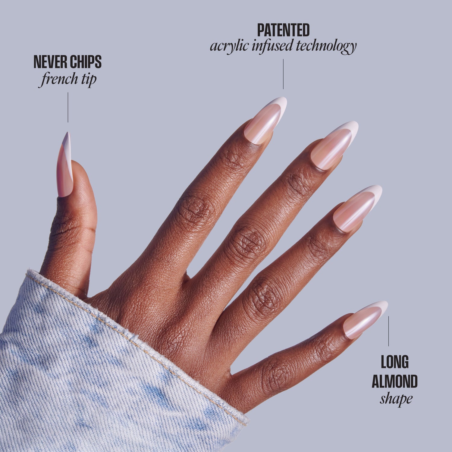 Manicured hand displaying French tip nails with patented acrylic infused technology in long almond shape.