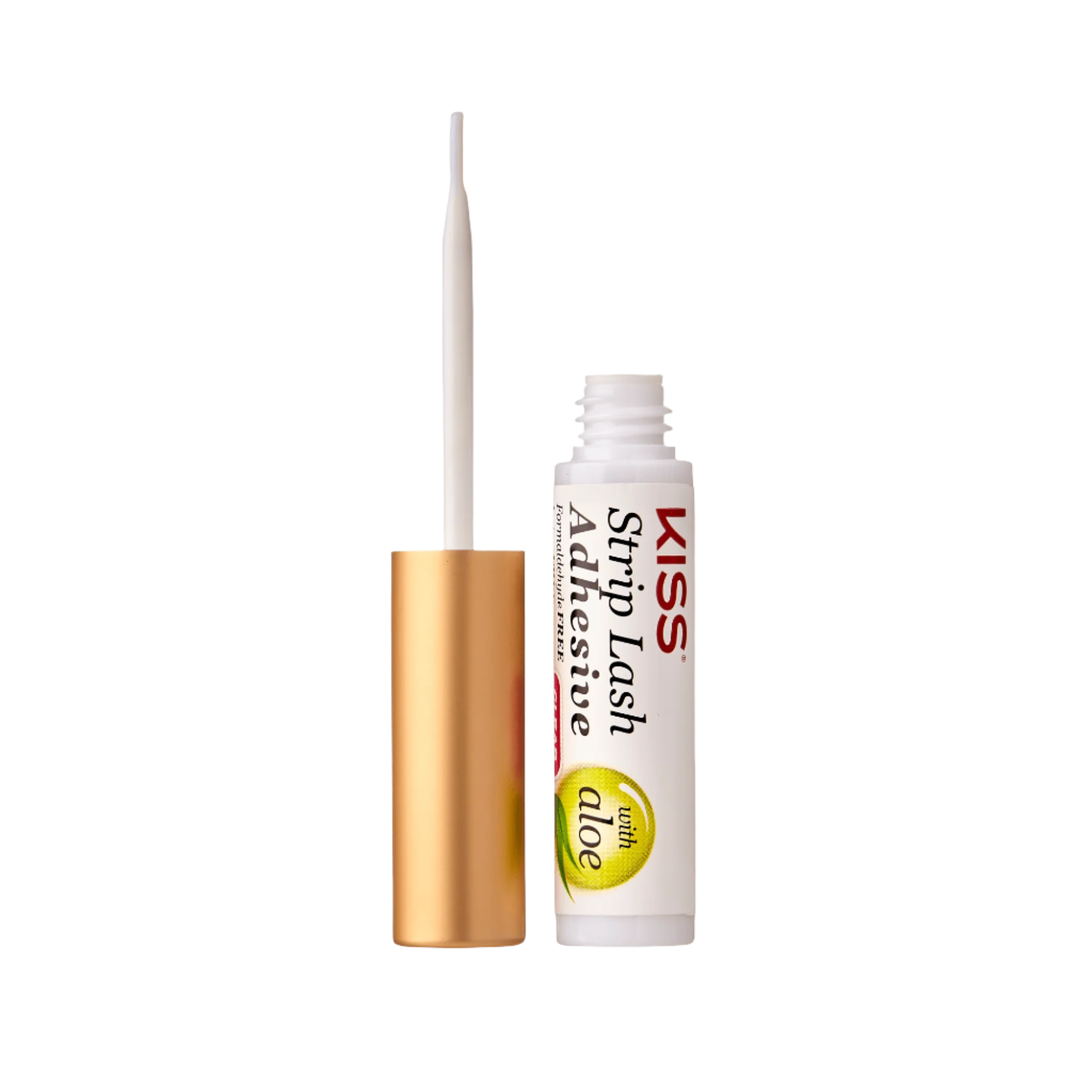 KISS Strip Lash Adhesive tube with its gold cap removed, showing the applicator brush; label highlights aloe formula.