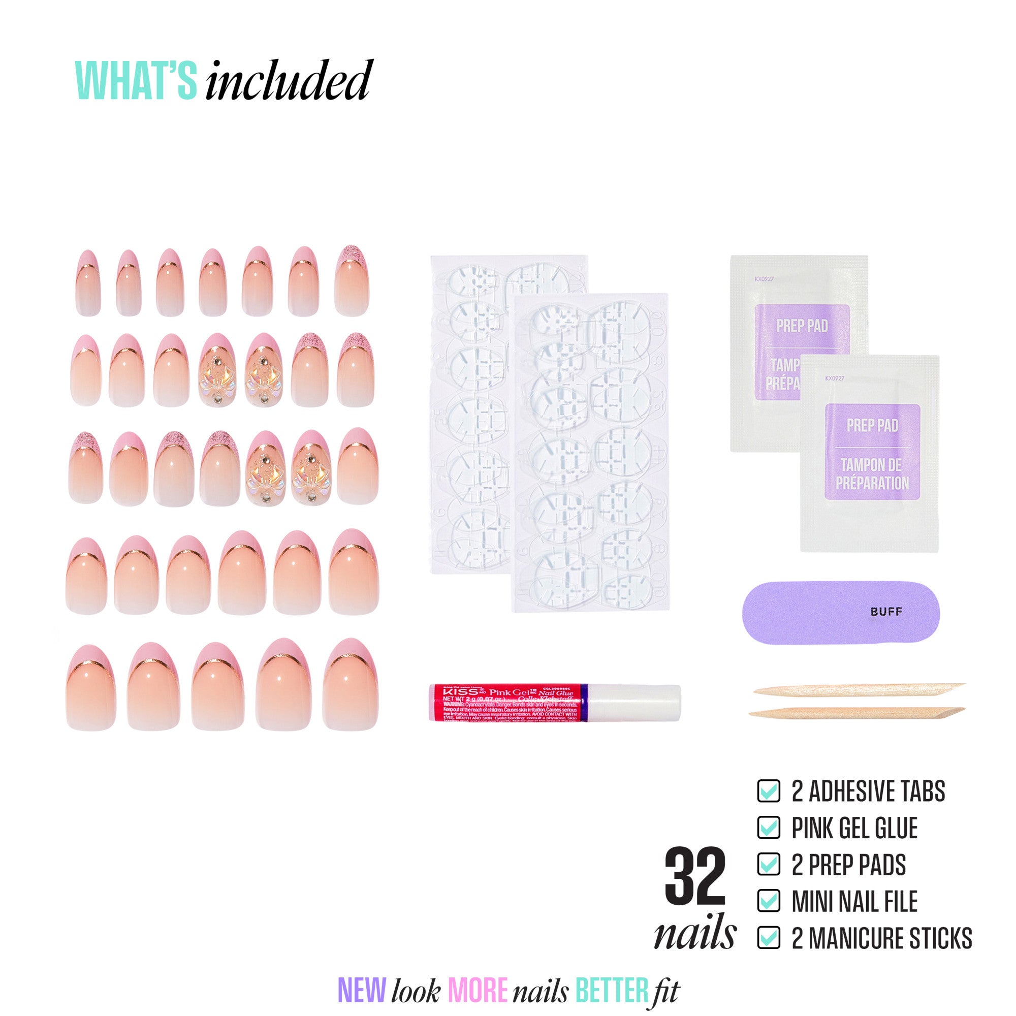 Kiss Salon Acrylic Nails 32-piece set with pink ombre design, gel glue, prep pads, file, and manicure sticks.