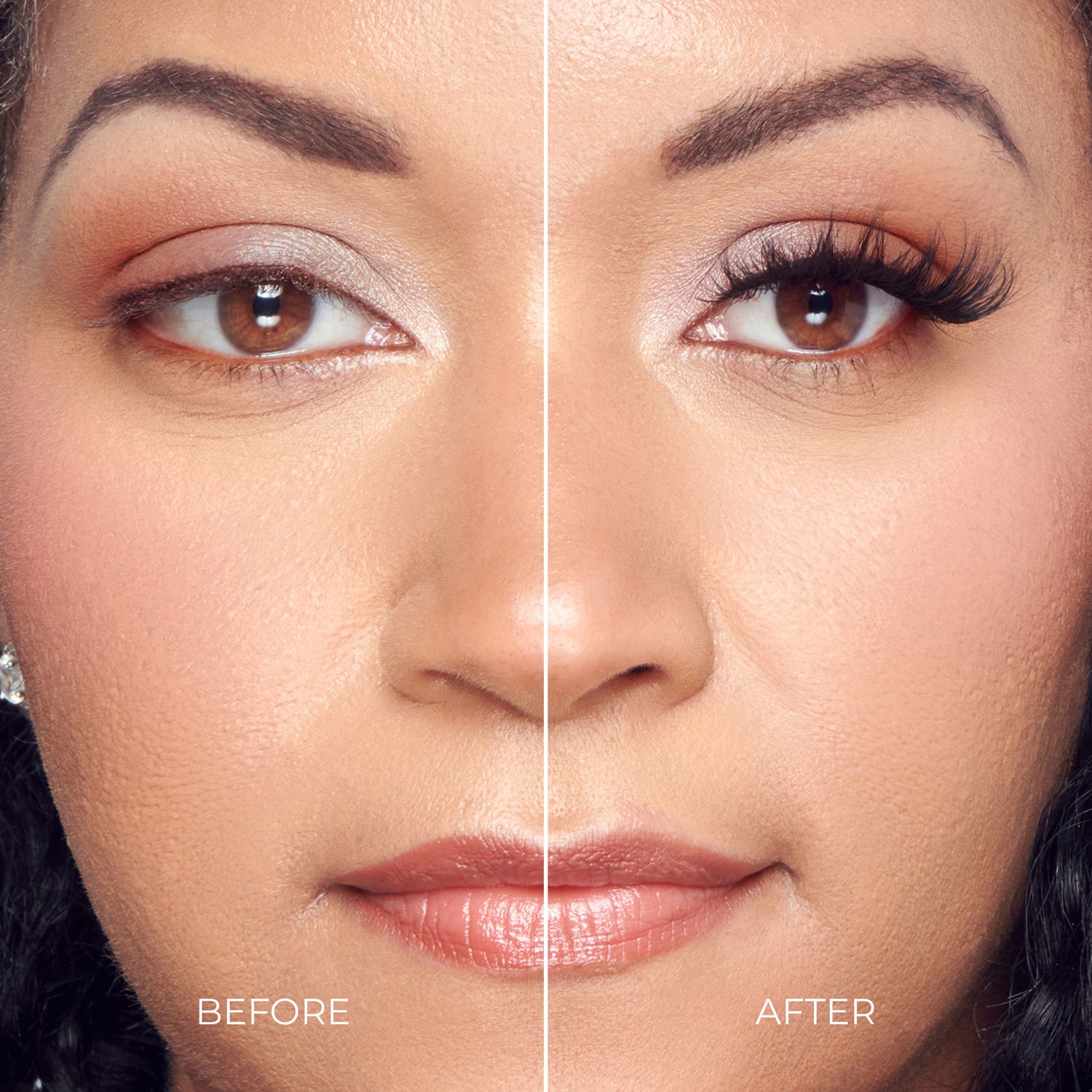 Before and after comparison of eye makeup application with mascara and eyeshadow.
