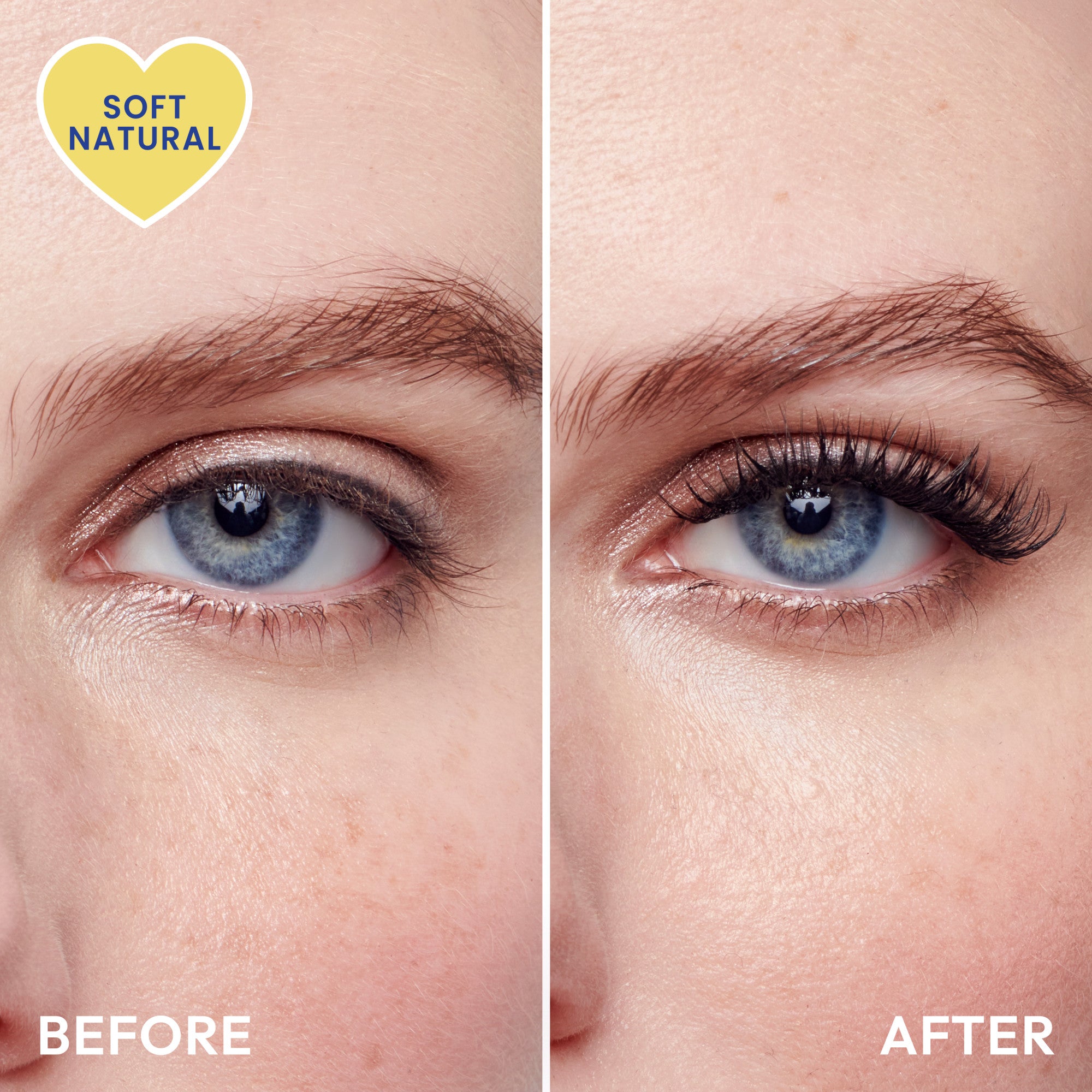 Before and after mascara application on blue eye with "Soft Natural" label.